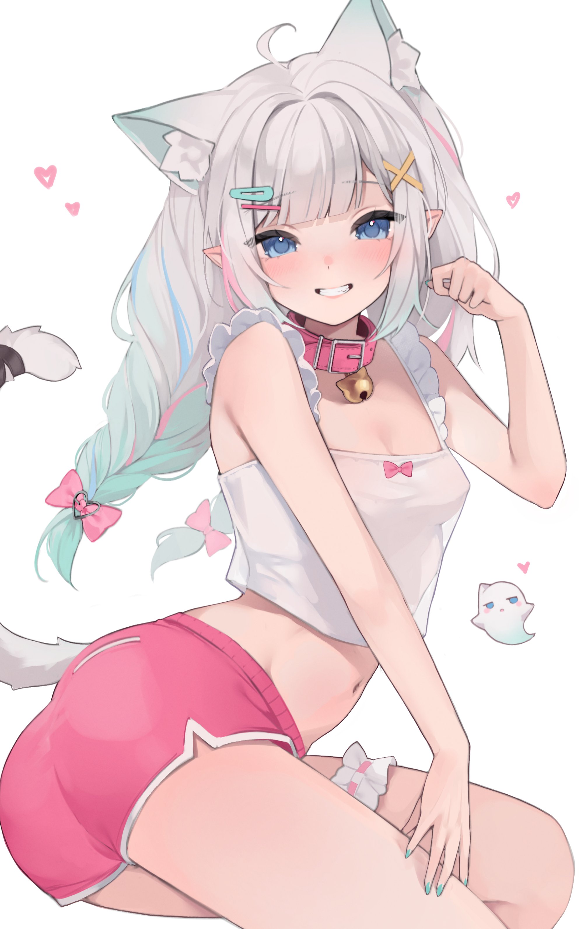 hiroside, mint fantome, mint fantome (otaku), wisps (mint fantome), indie virtual youtuber, absurdres, highres, 1girl, ahoge, animal ear fluff, animal ears, bell, blue eyes, blunt bangs, braid, camisole, cat ears, cat girl, collar, dolphin shorts, frilled camisole, frilled thigh strap, frills, gradient hair, grin, hair ornament, hairclip, hand on own thigh, heart, long hair, looking at viewer, low twin braids, midriff, multicolored hair, navel, neck bell, official alternate costume, official alternate hairstyle, pink collar, pink shorts, pointy ears, see-through silhouette, shorts, sidelocks, smile, solo, thigh strap, twin braids, virtual youtuber, white background, white camisole, white hair, x hair ornament