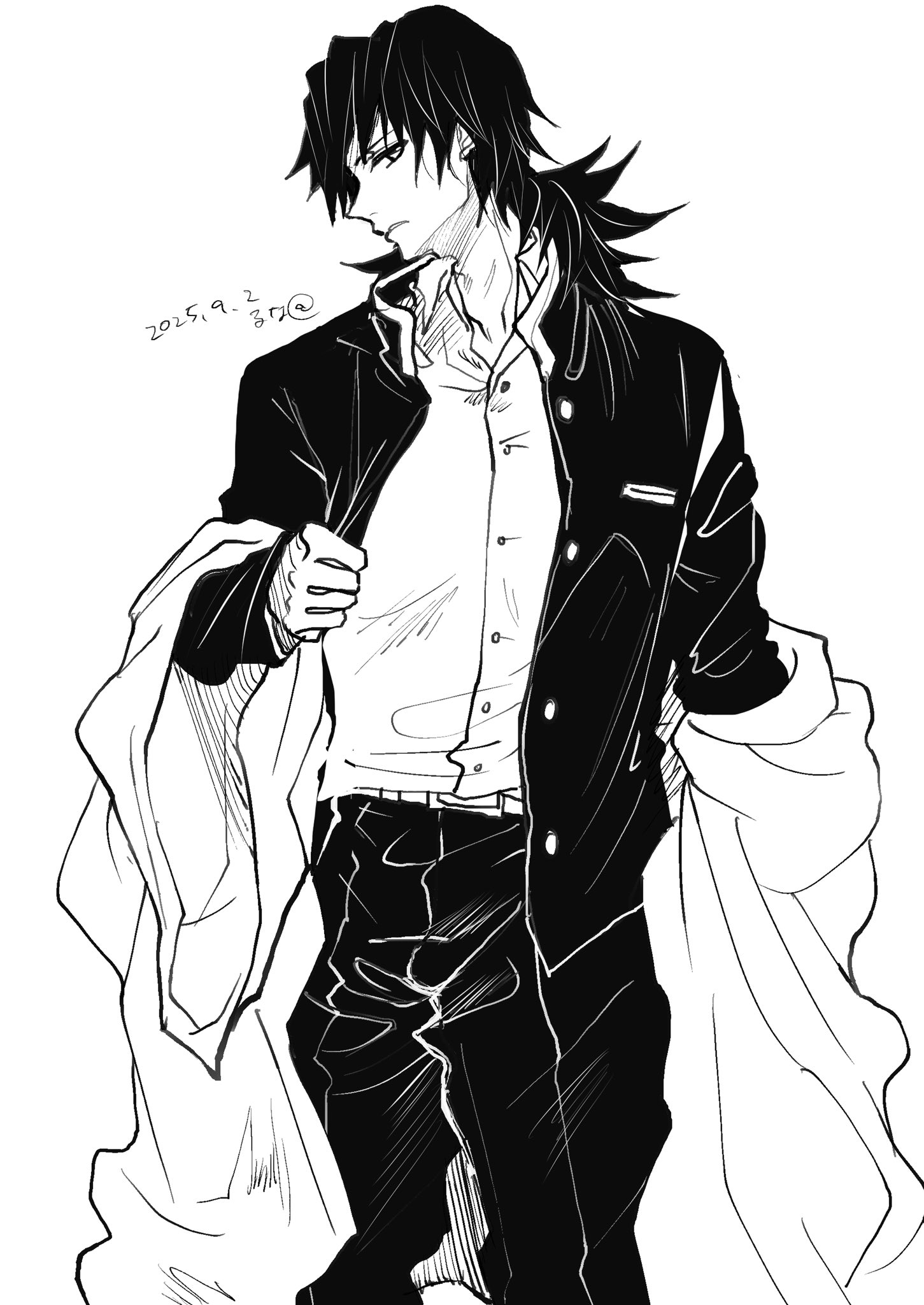 miku namu, tomioka giyuu, kimetsu no yaiba, highres, 1boy, belt, black hair, black jacket, black pants, buttons, collarbone, dated, demon slayer uniform, haori, jacket, japanese clothes, looking at viewer, low ponytail, male focus, open clothes, open jacket, pants, ponytail, profile, shirt, simple background, solo, spiked hair, undressing, white background, white belt, white shirt