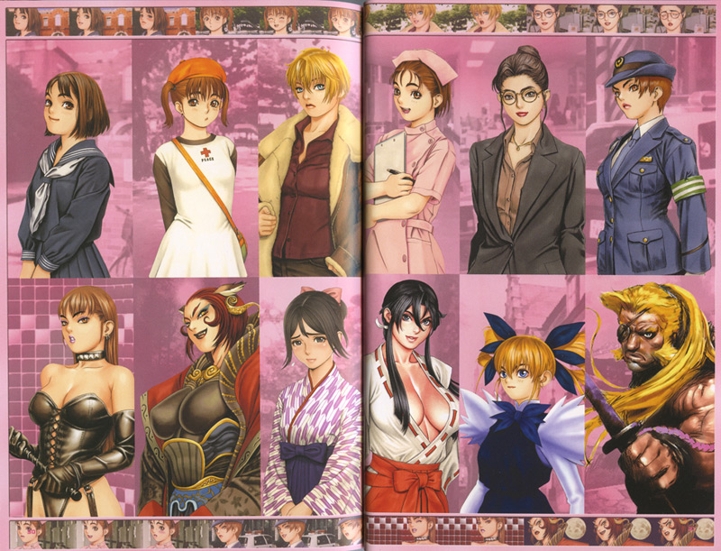 tsukasa jun, aine, aprel o'gin, bafeld, kain (sengoku ace), marion, ooni yuuko, sanjou aoi, shimizu tomoko, suzuki hatsune, togashi koyori, tvice, yamabuki yuka, yasui setsuna, atlus, gunbird, psikyo, sengoku ace, sengoku blade, taisen hot gimmick, taisen hot gimmick cosplayjong, official art, scan, 1boy, 6+girls, :d, :o, age difference, animal ears, armband, arms behind back, bag, bare shoulders, belt, beret, black eyes, black hair, black panties, blazer, blonde hair, blouse, blue eyes, blush, bow, breasts, brown eyes, brown hair, buttons, choker, cleavage, clipboard, clothes writing, collar, collarbone, corset, covered erect nipples, cross, crossover, detached sleeves, dominatrix, dress, drill hair, earrings, elbow gloves, embarrassed, english text, everyone, eyepatch, eyeshadow, flat chest, fox ears, frown, fur trim, garter straps, glasses, gloves, grin, hair bow, hair bun, hair ornament, hair over breasts, hair ribbon, hakama, hakama skirt, hand in pocket, handbag, hat, impossible clothes, jacket, japanese clothes, jewelry, katana, kimono, large breasts, leather, lineup, lingerie, lips, lipstick, long hair, looking at viewer, makeup, mature female, midriff, miko, multiple girls, muscular, navel, necklace, necktie, nipples, no bra, nurse cap, office lady, open clothes, open jacket, open kimono, open mouth, open shirt, panties, parted bangs, pendant, pink lips, pleated skirt, police, police uniform, policewoman, ponytail, profile, red eyes, red hair, red lips, ribbon, rope, scar, school uniform, shirt, short dress, short hair, short twintails, single hair bun, skirt, smile, sword, turtleneck, twin drills, twintails, underwear, upper body, weapon, whip, witch, yellow eyes, yukata