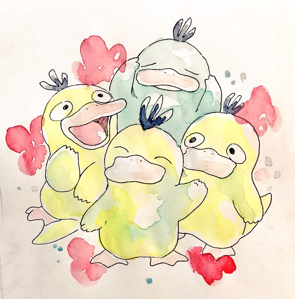 mint nappa, psyduck, nintendo, pokemon, commentary request, painting (medium), traditional media, watercolor (medium), alternate color, closed eyes, closed mouth, full body, gen 1 pokemon, hands on own head, happy, no humans, nostrils, open mouth, pokemon (creature), shiny pokemon