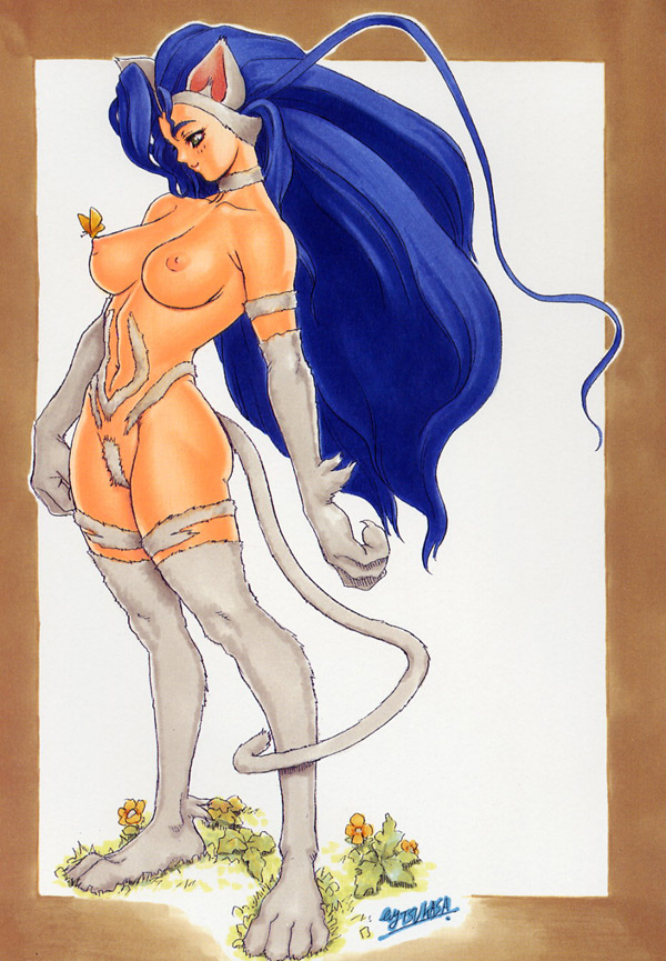 tsukasa jun, felicia (darkstalkers), capcom, darkstalkers, fur, traditional media, 1girl, animal ears, animal hands, blue hair, blush, border, breasts, bug, butterfly, cat ears, cat tail, claws, female focus, flower, groin, insect, large breasts, long hair, looking down, maebari, navel, nipples, nude, outdoors, signature, smile, solo, standing, tail, very long hair