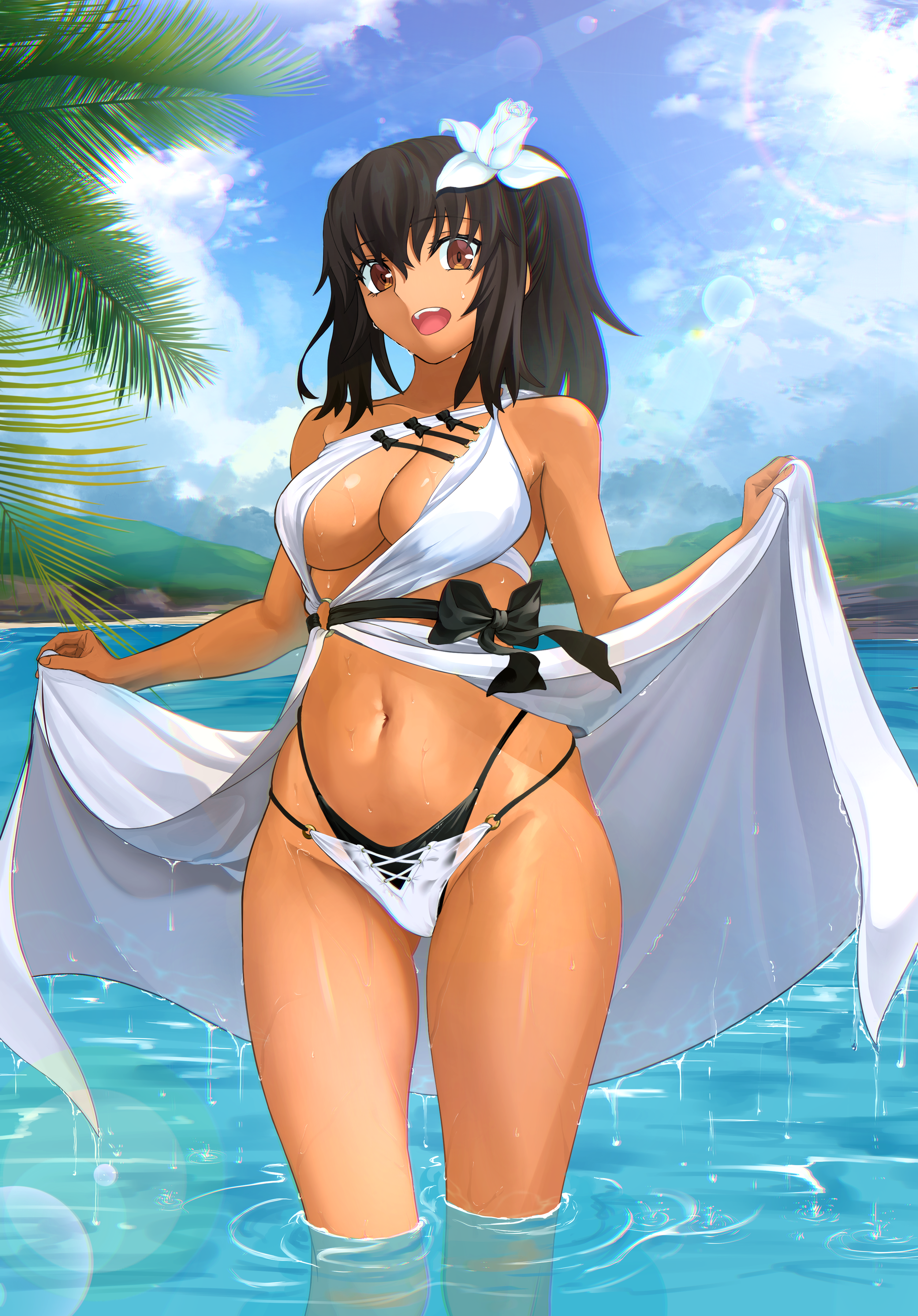 harukey, shirley (fate), fate/zero, fate (series), absurdres, highres, 1girl, bare shoulders, beach, bikini, black hair, blue sky, breasts, brown eyes, cleavage, dark-skinned female, dark skin, flower, hair flower, hair ornament, large breasts, long hair, looking at viewer, navel, ocean, open mouth, ponytail, sky, smile, solo, swimsuit, thighs, white bikini