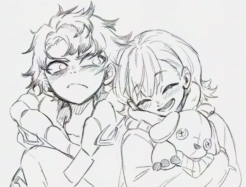 teo (teorekka), rudo surebrec, gachiakuta, 1boy, 1girl, blush, chiwa (gachiakuta), closed mouth, greyscale, hood, hood down, hoodie, looking to the side, messy hair, monochrome, short hair, simple background, stuffed animal, stuffed dog, stuffed toy