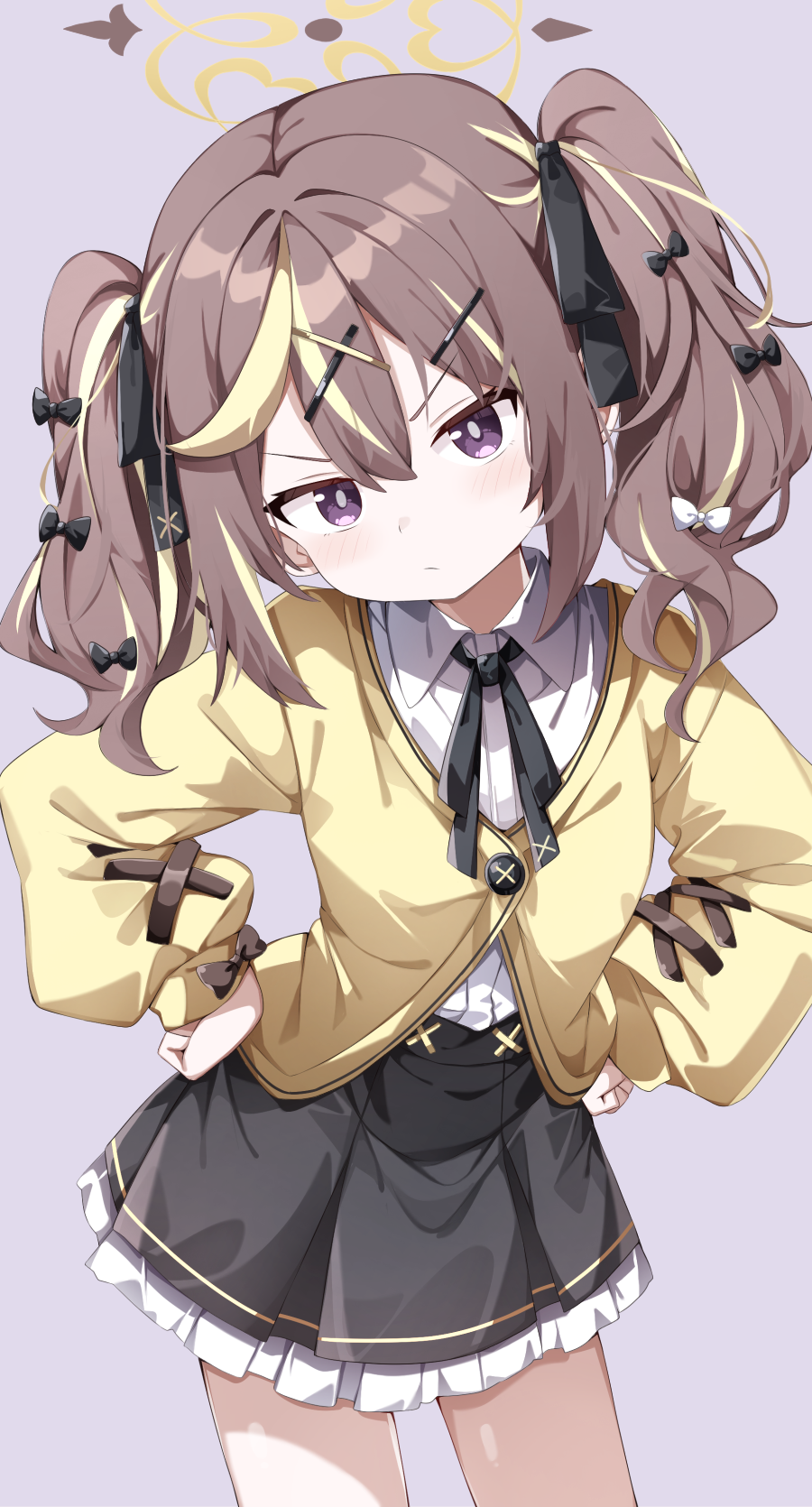 sabana, rena (blue archive), blue archive, highres, 1girl, black skirt, brown hair, hair ornament, halo, looking at viewer, multicolored hair, purple eyes, simple background, skirt, solo, streaked hair, twintails