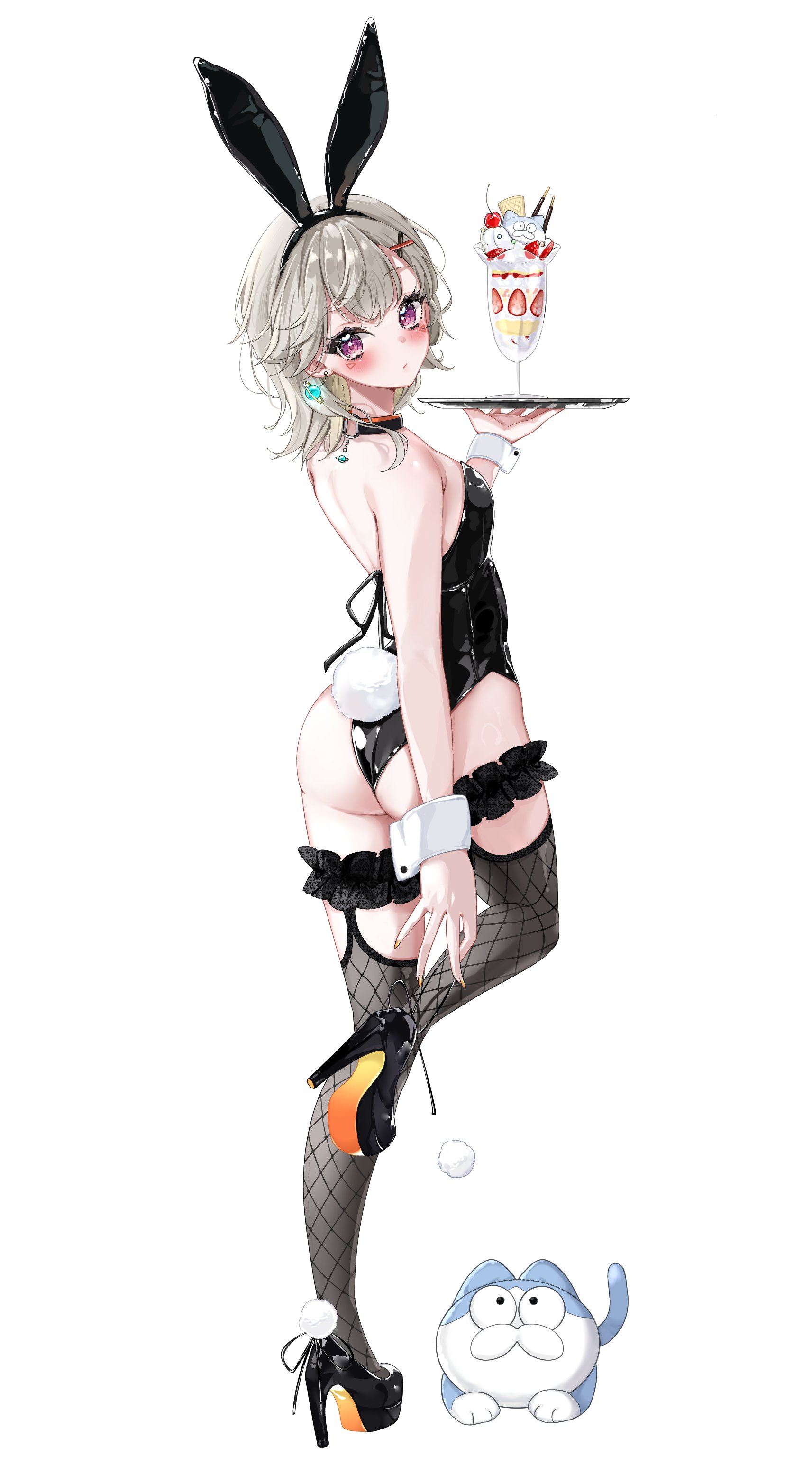 opera (rawz3335), komori met, vspo!, absurdres, highres, 1girl, animal ears, ass, bare shoulders, black leotard, black shoes, black thighhighs, blush, closed mouth, earrings, fake animal ears, fake tail, fishnet thighhighs, fishnets, from behind, full body, glass, high heels, jewelry, leotard, looking at viewer, medium hair, playboy bunny, rabbit ears, rabbit tail, shoes, simple background, solo, standing, standing on one leg, tail, thighhighs, tray, virtual youtuber, white background