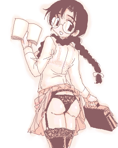 bookbag, lowres, 1girl, ass, bag, book, bow, braid, briefcase, clothes lift, female focus, garter belt, glasses, monochrome, oekaki, pink theme, ribbon, school briefcase, see-through clothes, skirt, skirt lift, solo, thighhighs, twin braids