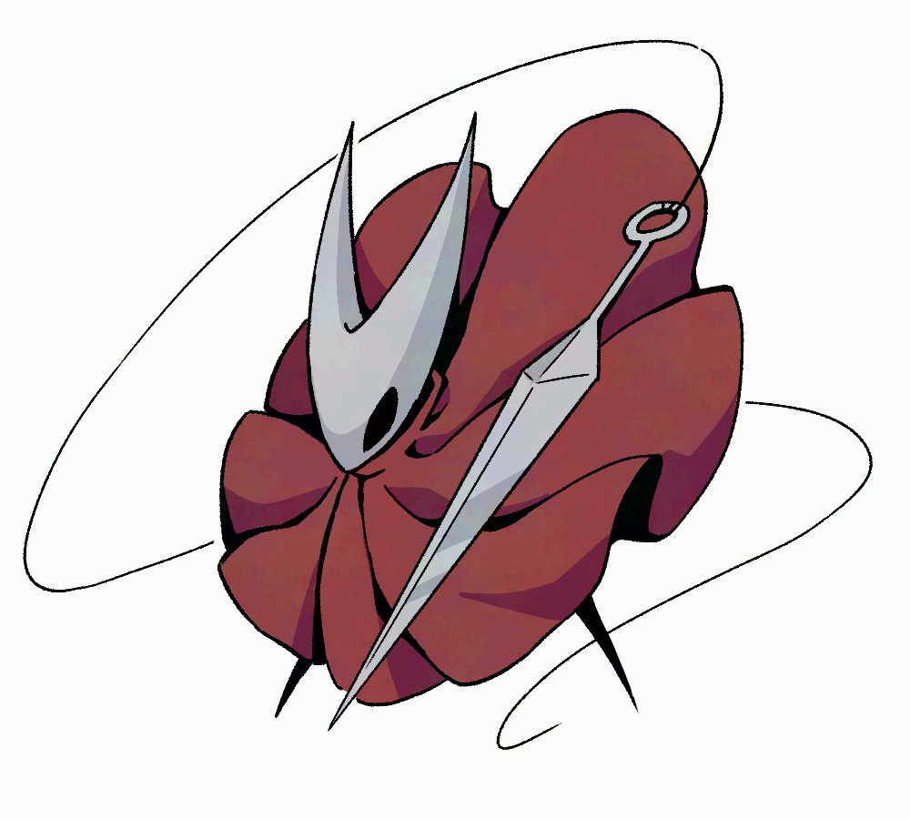 teo (teorekka), hornet (hollow knight), hollow knight, 1girl, black sclera, cloak, colored sclera, needle (hollow knight), red cloak, simple background, standing, string, white background, white mask