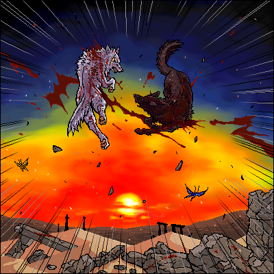 darcia, kiba, wolf's rain, lowres, 00s, battle, blood, bug, butterfly, no humans, oekaki, sunset, wolf