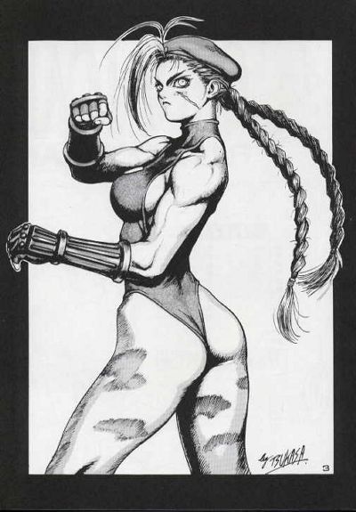 tsukasa jun, cammy white, capcom, street fighter, traditional media, 1girl, angry, antenna hair, ass, bare shoulders, beret, bodypaint, border, braid, breasts, camouflage, clenched hand, elbow gloves, female focus, fighting stance, fingerless gloves, from behind, frown, gloves, hat, kneepits, leotard, long hair, looking at viewer, looking back, muscular, scar, sideboob, signature, simple background, solo, spread legs, standing, thighs, thong leotard, turtleneck, twin braids