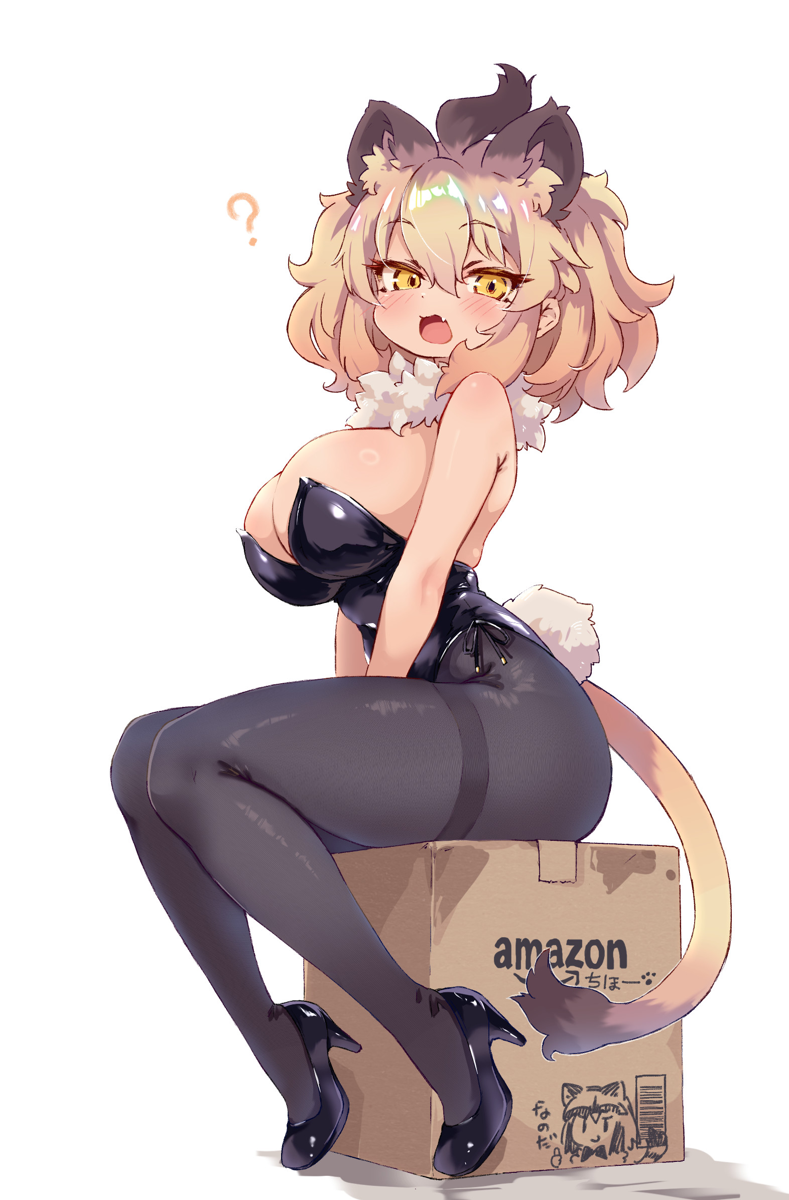 kolshica, common raccoon (kemono friends), lion (kemono friends), kemono friends, highres, 1girl, ?, animal ears, bare shoulders, black leotard, blonde hair, blush, box, breasts, cardboard box, cleavage, detached collar, fake tail, fang, fur collar, hair between eyes, high heels, highleg, highleg leotard, huge breasts, leotard, lion ears, lion girl, lion tail, looking at viewer, open mouth, pantyhose, playboy bunny, rabbit tail, short hair, sitting, solo, strapless, strapless leotard, tail, thighband pantyhose