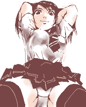 lowres, monochrome, oekaki, panties, pantyshot, school uniform, serafuku, solo, thighhighs, underwear
