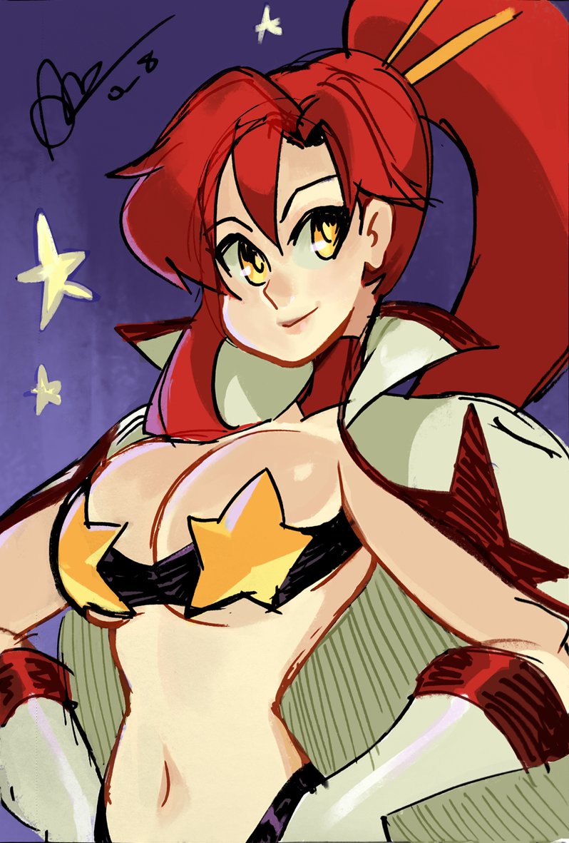 alex ahad, space yoko, yoko littner, tengen toppa gurren lagann, commentary, english commentary, 1girl, artist name, breasts, cape, choker, cleavage, gloves, hair ornament, hands on own hips, high ponytail, large breasts, midriff, pasties, ponytail, red hair, smile, solo, star (sky), star (symbol), star pasties, star print, white gloves, yellow eyes