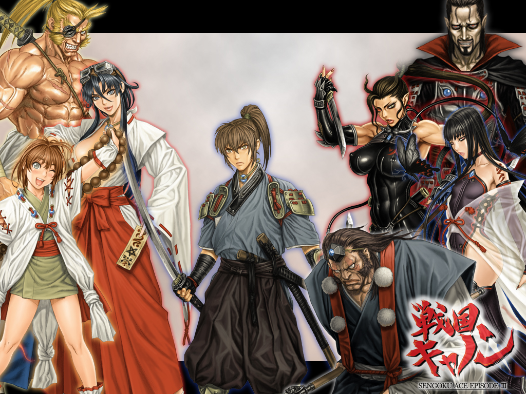 tsukasa jun, ain (sengoku ace), aine, izuna (sengoku ace), kaen, masamitsu, mizuka, reira (sengoku ace), tengai, tetsuzan, togashi koyori, atlus, psikyo, sengoku ace, sengoku blade, sengoku cannon, eyebrows, official art, official wallpaper, 4boys, 4girls, ;d, abs, age difference, ahoge, angry, armor, armpits, beads, black hair, blind, blonde hair, blue eyes, blue hair, blush, bodysuit, breasts, bridal gauntlets, brown hair, bug, butterfly, choker, circlet, cleavage, cloak, covered erect nipples, dual wielding, elbow gloves, everyone, eyepatch, facial hair, fighting stance, fingerless gloves, fingernails, flat chest, frown, fur trim, gem, gloves, goatee, goggles, goggles on head, grey eyes, grin, hakama, hakama skirt, happy, heterochromia, holding, impossible clothes, insect, japanese clothes, jewelry, katana, kimono, large breasts, legs, leotard, letterboxed, lips, lipstick, long fingernails, long hair, looking at viewer, magatama, makeup, miko, multiple boys, multiple girls, muscular, nail polish, navel, necklace, ninja, nipples, no bra, no shirt, obi, ofuda, one eye closed, open clothes, open kimono, open mouth, open shirt, pectorals, pendant, ponytail, red eyes, rope, samurai, sash, scar, see-through clothes, shawl, sheath, shiny clothes, shirt, short hair, short kimono, sideburns, sidelocks, skin tight, skirt, smile, standing, sword, tattoo, thighhighs, topless male, turtleneck, very long hair, weapon, wide sleeves, wink, worried, yukata