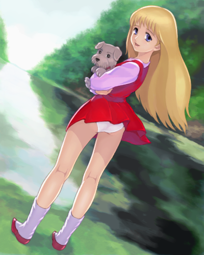 laura sullivan, choujuu kishin dancouga, dancouga (series), dancougar, lowres, 1girl, ass, blonde hair, blue eyes, dog, female focus, long hair, looking back, oekaki, panties, solo, underwear, wind, wind lift