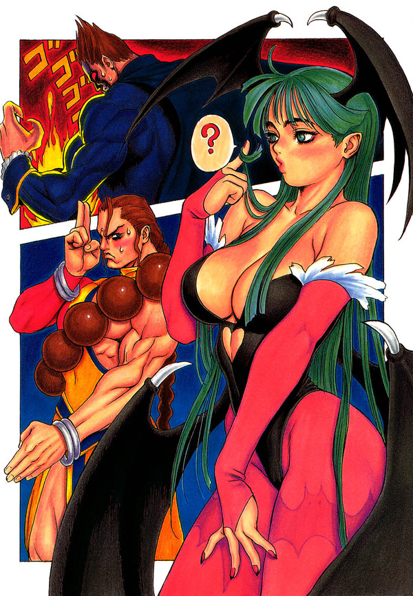 tsukasa jun, demitri maximoff, donovan baine, morrigan aensland, capcom, darkstalkers, hand on thigh, looking away, print legwear, scan, traditional media, 1girl, 2boys, ?, adjusting hair, angry, asymmetrical clothes, bare shoulders, bat (animal), bat wings, beads, blue eyes, blush, bracelet, braid, breasts, bridal gauntlets, brown hair, censored, cleavage, clenched teeth, convenient censoring, demon girl, fighting stance, fire, frills, from behind, frown, fur trim, green hair, hair over breasts, head wings, heart, highleg, highleg leotard, jewelry, large breasts, leotard, lips, long hair, looking at viewer, midriff, multiple boys, muscular, nail polish, navel, no pupils, pantyhose, pectorals, profile, red eyes, red pantyhose, ruffling hair, short hair, sidelocks, single braid, speech bubble, sweat, teeth, thighs, vampire, very long hair, wings, wrist cuffs