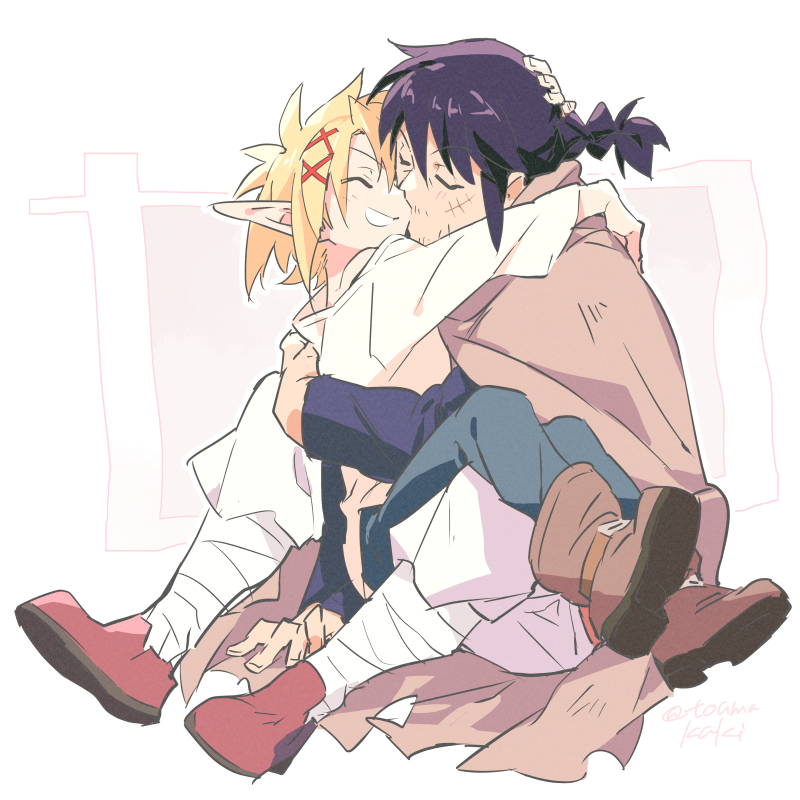dasshu (dashi now), stunk, zel (ishuzoku reviewers), ishuzoku reviewers, 2boys, black hair, blonde hair, boots, braid, brown boots, brown cape, cape, closed eyes, facial hair, grin, hug, kiss, male focus, multiple boys, mustache stubble, pointy ears, red shoes, scar, scar on face, shoes, smile, sparse stubble, stubble, yaoi
