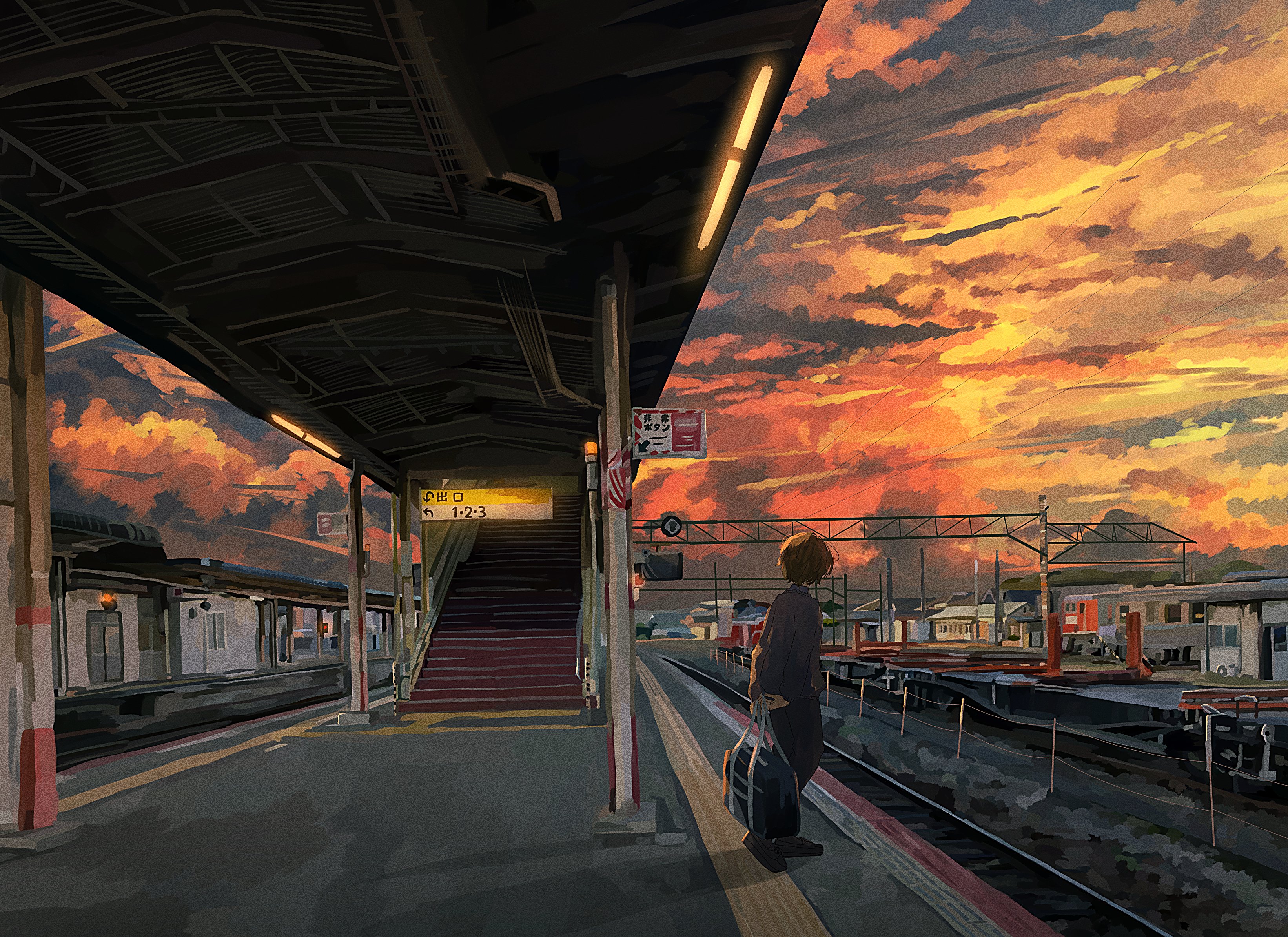 banakotakemaru, original, absurdres, highres, 1boy, bag, building, cloud, cloudy sky, fluorescent lamp, orange sky, outdoors, railroad tracks, scenery, sky, solo, stairs, tactile paving, train station, train station platform, twilight, wide shot