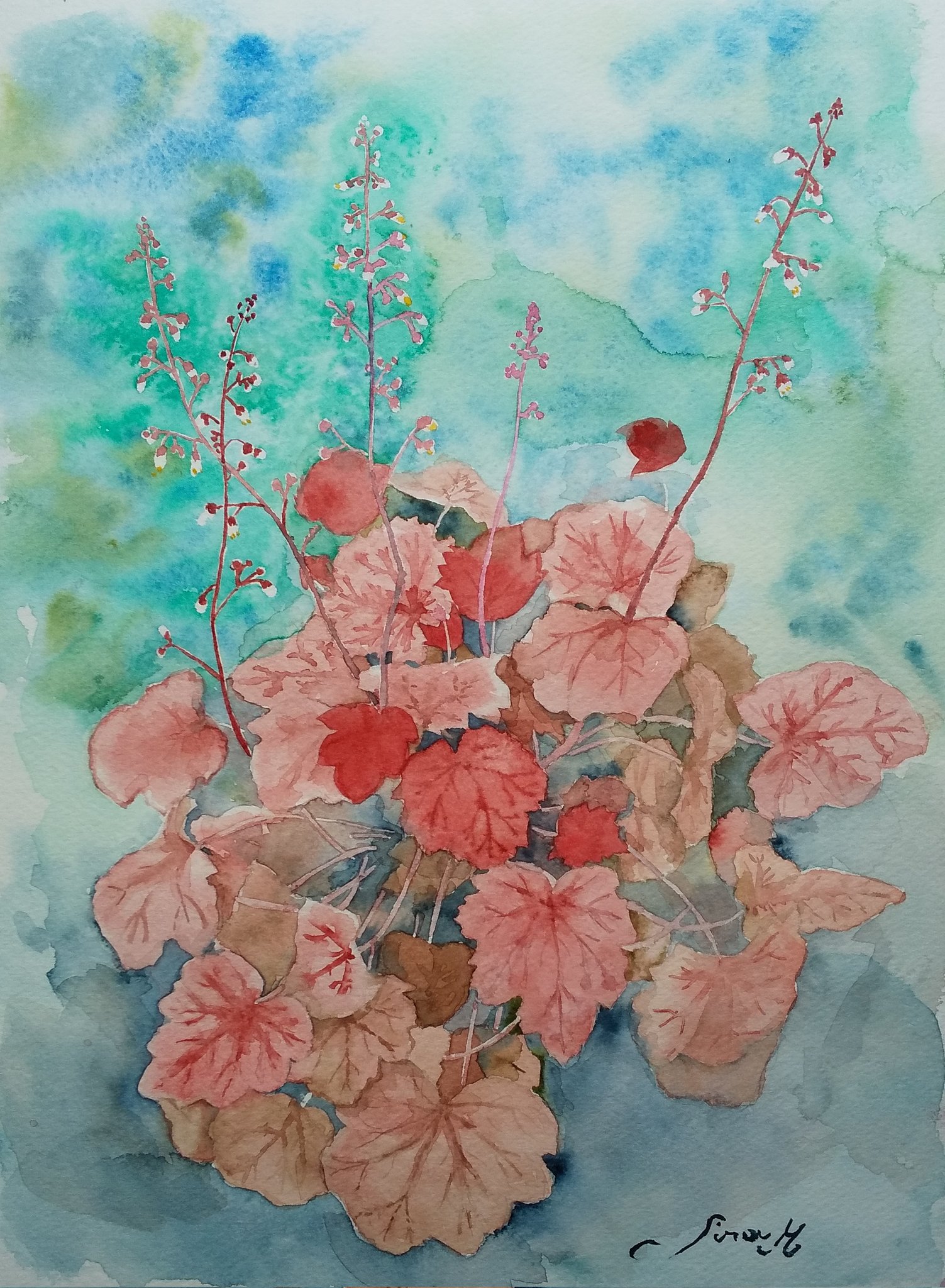 monsisiro411823, original, highres, painting (medium), plant request, traditional media, watercolor (medium), blue background, flower, flower focus, leaf, no humans, plant, plant focus, still life, weeds