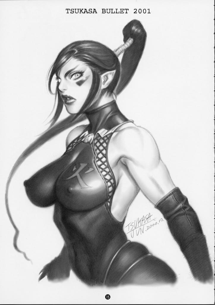 tsukasa jun, scan, traditional media, 1girl, 2000, bandages, bare shoulders, breasts, covered erect nipples, elbow gloves, eyelashes, facial mark, female focus, fishnets, gloves, hip focus, impossible clothes, large breasts, long hair, looking at viewer, looking back, monochrome, muscular, ninja, pointy ears, ponytail, signature, simple background, skin tight, solo, turtleneck, upper body, very long hair, wide hips