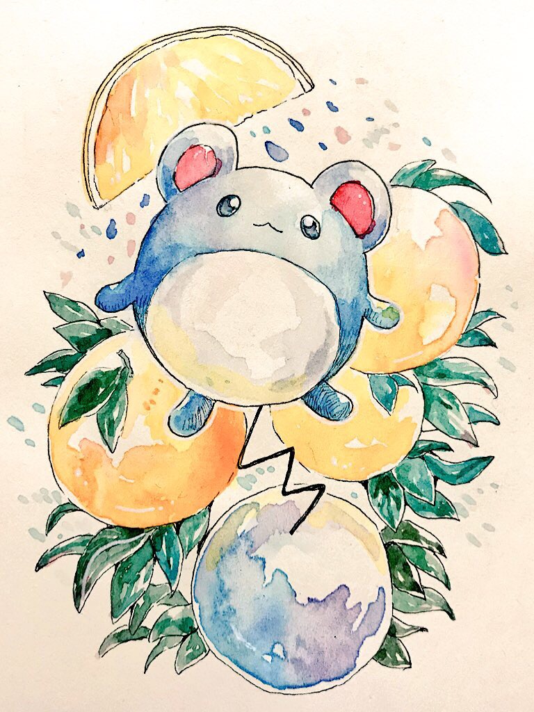 mint nappa, marill, nintendo, pokemon, commentary request, painting (medium), traditional media, watercolor (medium), :<, blue eyes, food, fruit, full body, gen 2 pokemon, leaf, no humans, orange (fruit), orange slice, pokemon (creature), solo