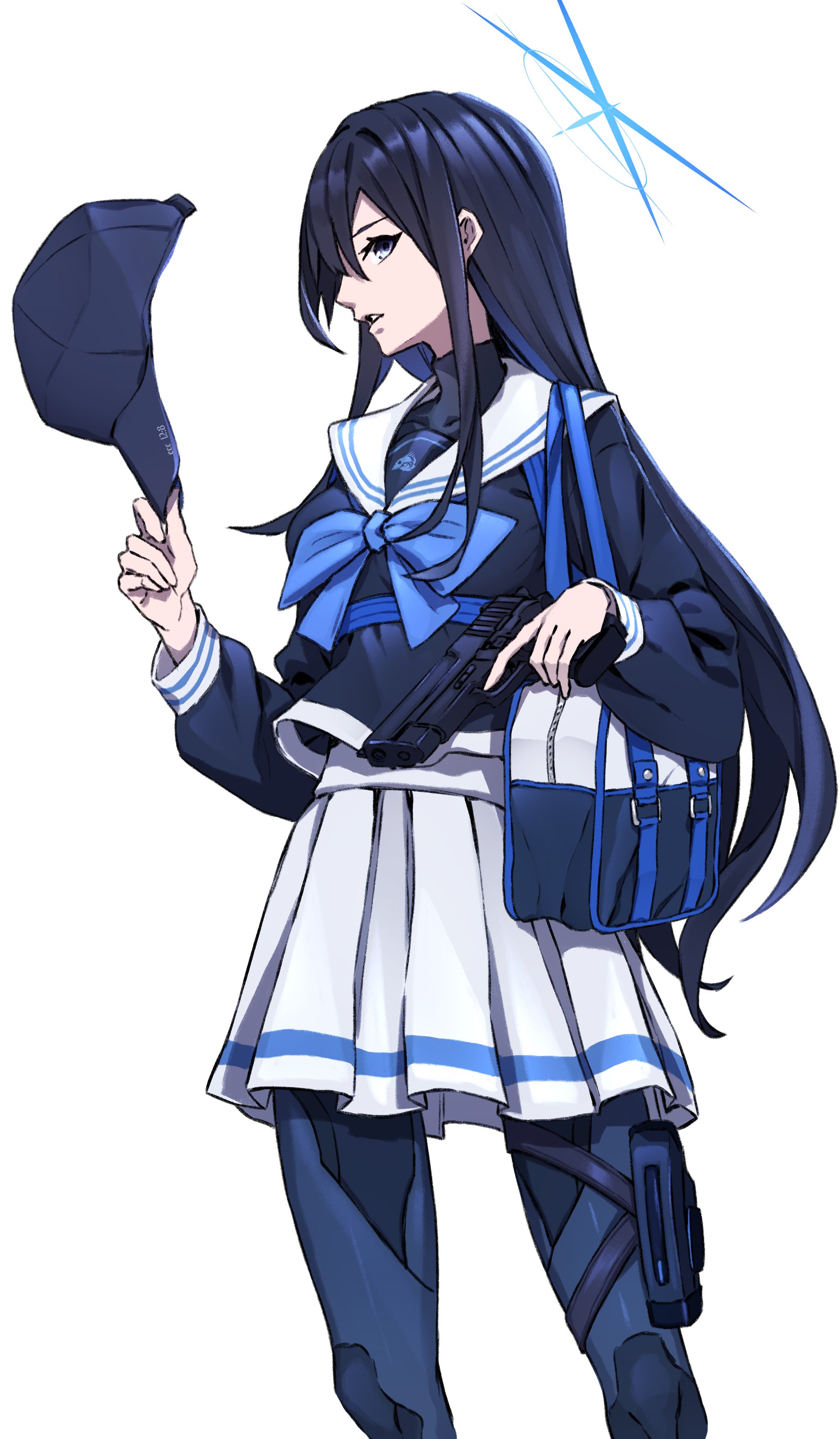 saori (blue archive), blue archive, absurdres, highres, 1girl, bag, baseball cap, blue hair, blue halo, blue ribbon, colored inner hair, gun, halo, handgun, hat, holding, holding gun, holding weapon, kazumi1220k mk2, knife sheath, leggings, long hair, long sleeves, looking at viewer, looking to the side, multicolored hair, no mask, ribbon, sailor collar, school bag, school uniform, sheath, sidelocks, simple background, skirt, solo, thigh sheath, unworn hat, unworn headwear, weapon, white background, white sailor collar, white skirt