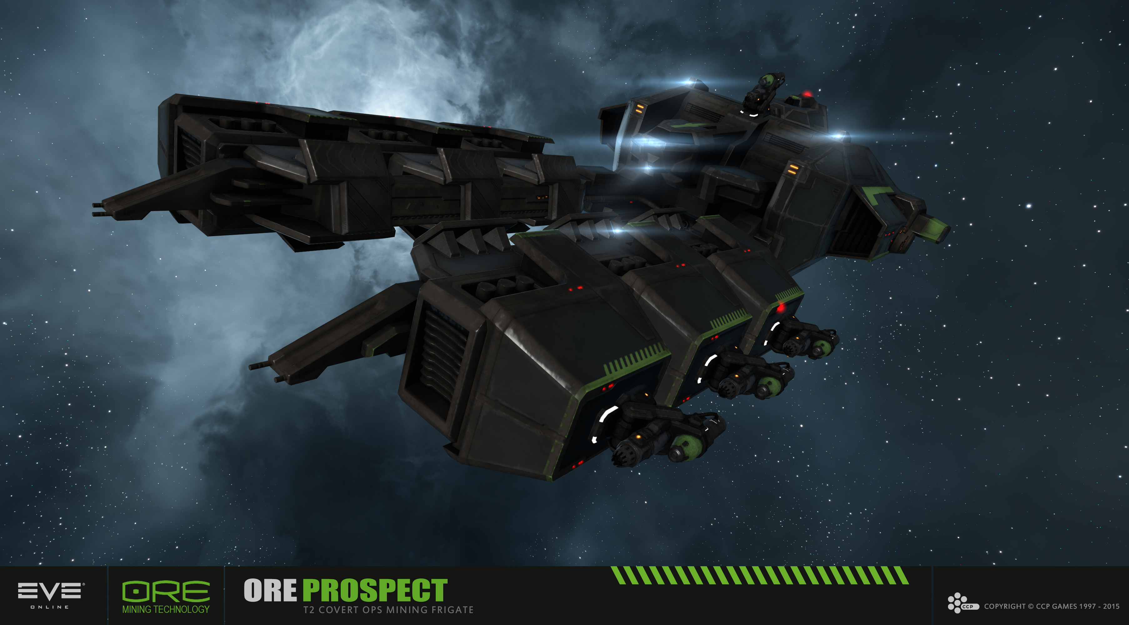 eve online, absurdres, commentary, highres, maya (medium), official art, photoshop (medium), 3d, advanced ship (eve online), blue background, cloud, company logo, company name, copyright logo, copyright name, covert ops (eve online), dated, english text, exploration ship (eve online), floating, frigate (eve online), glowing, harvesting ship (eve online), logo, mining frigate (eve online), no humans, outdoors, outer ring excavations (eve online), realistic, science fiction, space, spacecraft, star (sky), starry sky background, tech 2 ship (eve online), vehicle name, ymir jonsson