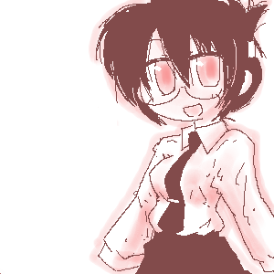 lowres, 1girl, chibi, female focus, glasses, monochrome, necktie, oekaki, pink theme, solo
