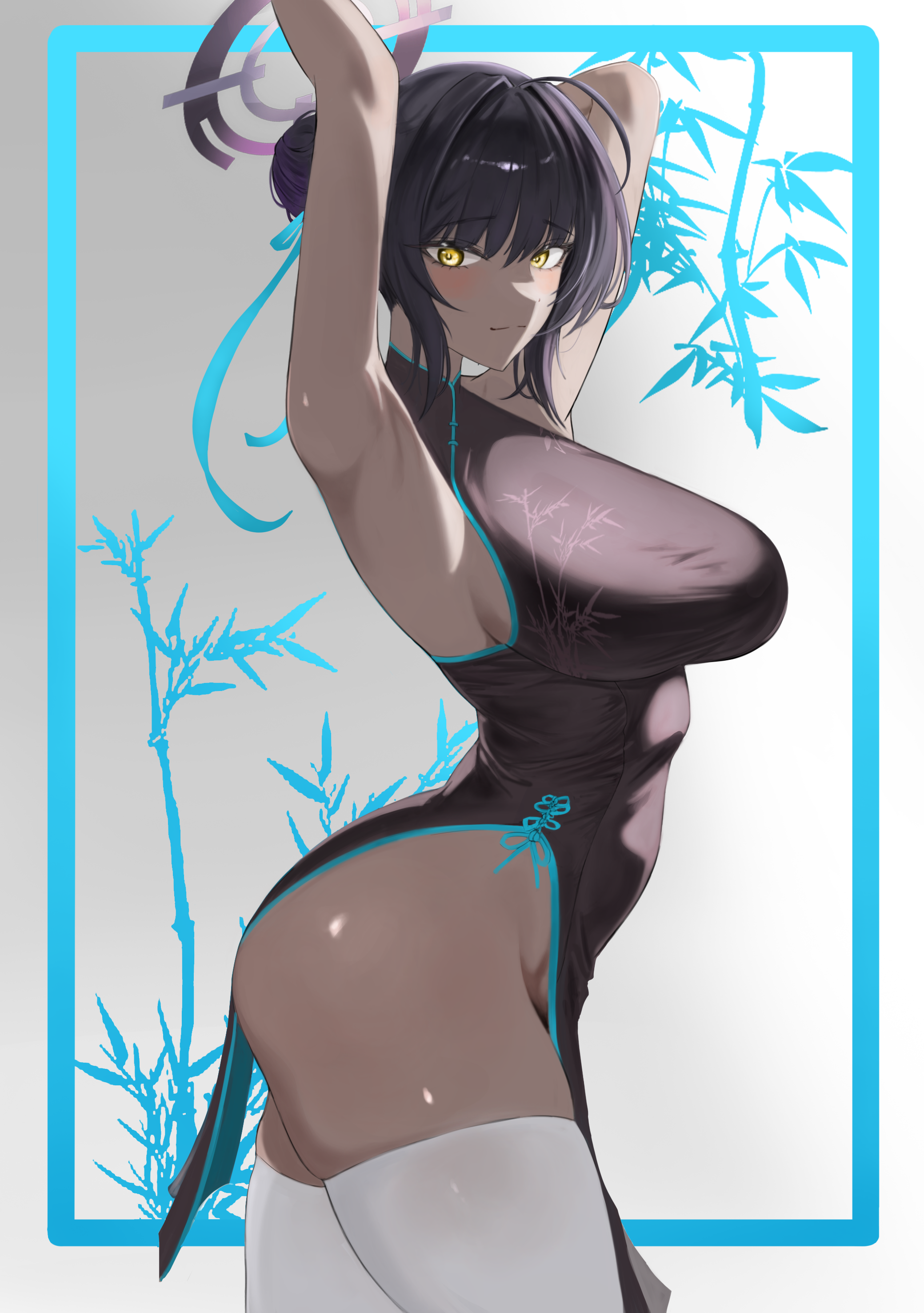 weiiew, karin (blue archive), blue archive, absurdres, highres, 1girl, ahoge, arm behind head, armpits, arms up, black dress, black hair, blush, breasts, china dress, chinese clothes, dark-skinned female, dark skin, dress, groin, hair between eyes, hair bun, halo, large breasts, long hair, looking at viewer, pelvic curtain, purple halo, sideboob, skindentation, solo, thick thighs, thighhighs, thighs, white thighhighs, yellow eyes
