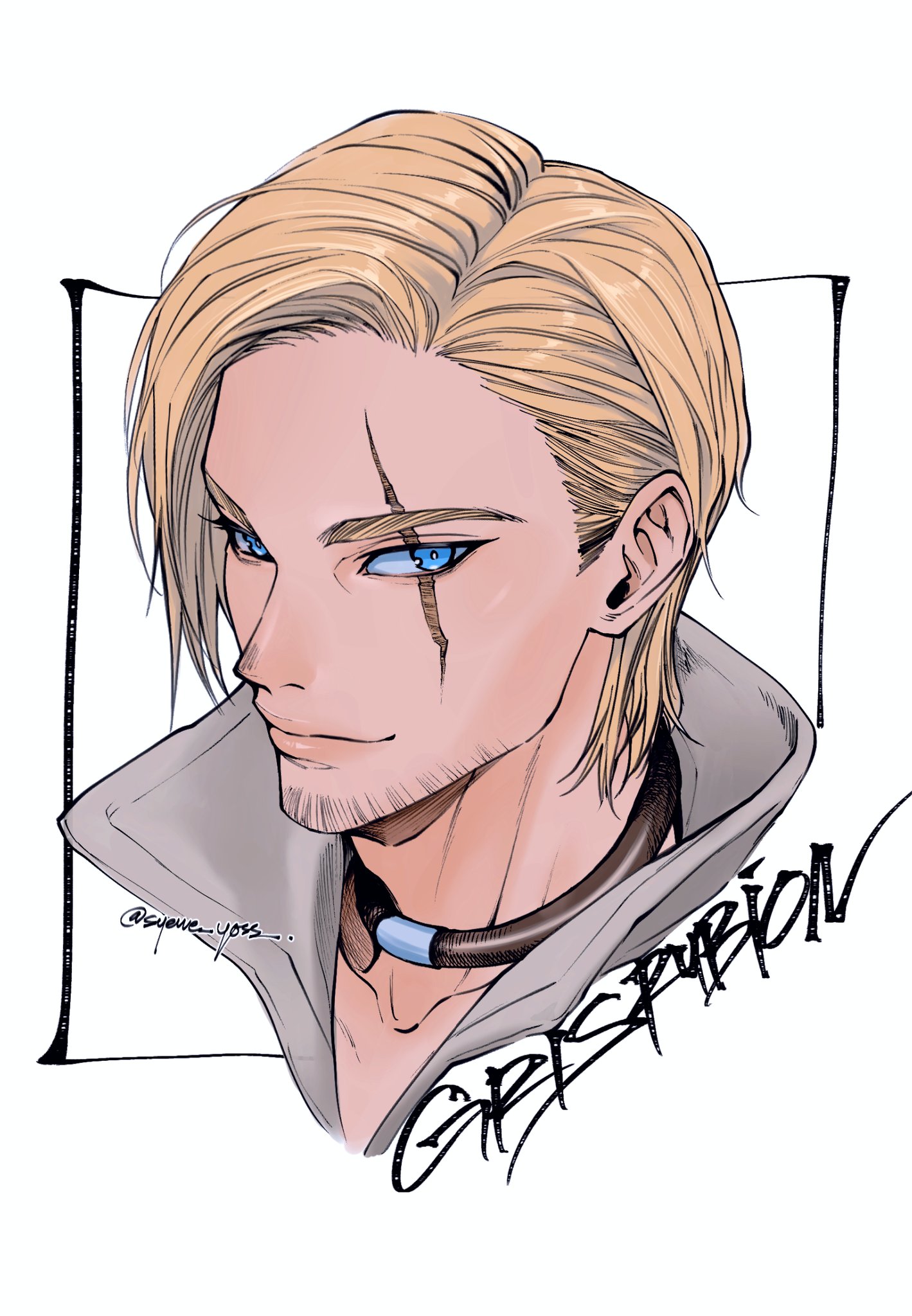 syewe yoss, gris rubion, gachiakuta, highres, 1boy, beard stubble, blonde hair, blue eyes, choker, collarbone, facial hair, looking at viewer, portrait, scar, scar across eye, scar on face, simple background, solo, stubble, white background
