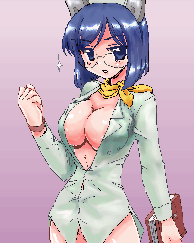 2k-tan, os-tan, lowres, book, breasts, cleavage, glasses, large breasts, no pants, oekaki, scarf, solo