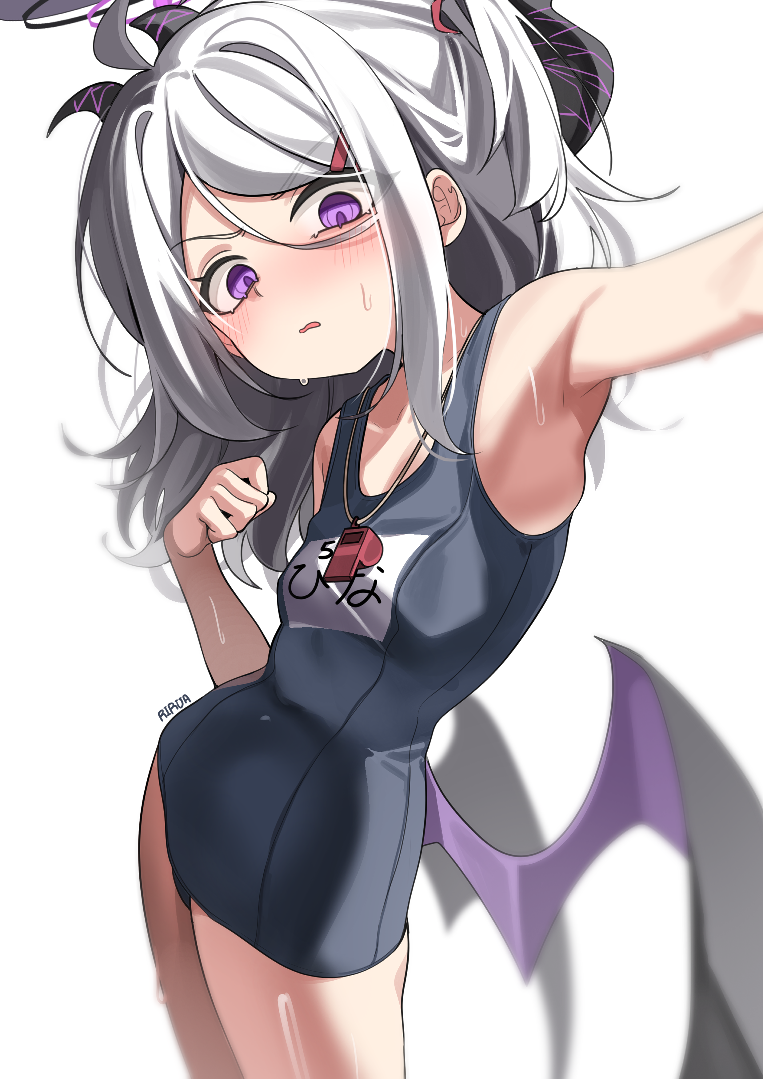 rirua (kjom802), hina (blue archive), hina (swimsuit) (blue archive), blue archive, absurdres, highres, 1girl, ahoge, black halo, demon girl, demon horns, demon wings, halo, horns, long hair, looking at viewer, old school swimsuit, purple eyes, school swimsuit, solo, standing, swimsuit, very long hair, white hair, wings