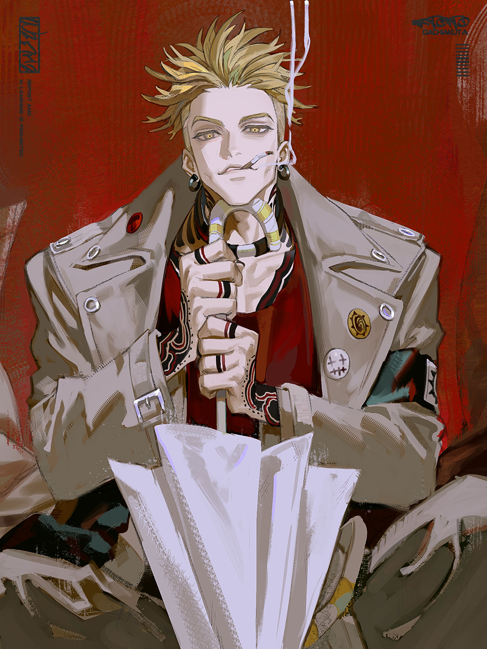 77ho, enjin (gachiakuta), gachiakuta, highres, 1boy, armor, black armor, blonde hair, cigarette, coat, earrings, finger tattoo, grey coat, hand tattoo, hands up, jewelry, lapels, looking at viewer, notched lapels, parted lips, red background, red shir, simple background, sitting, smoke, smoking, solo, tattoo, umbrella, undercut, white umbrella, yellow eyes