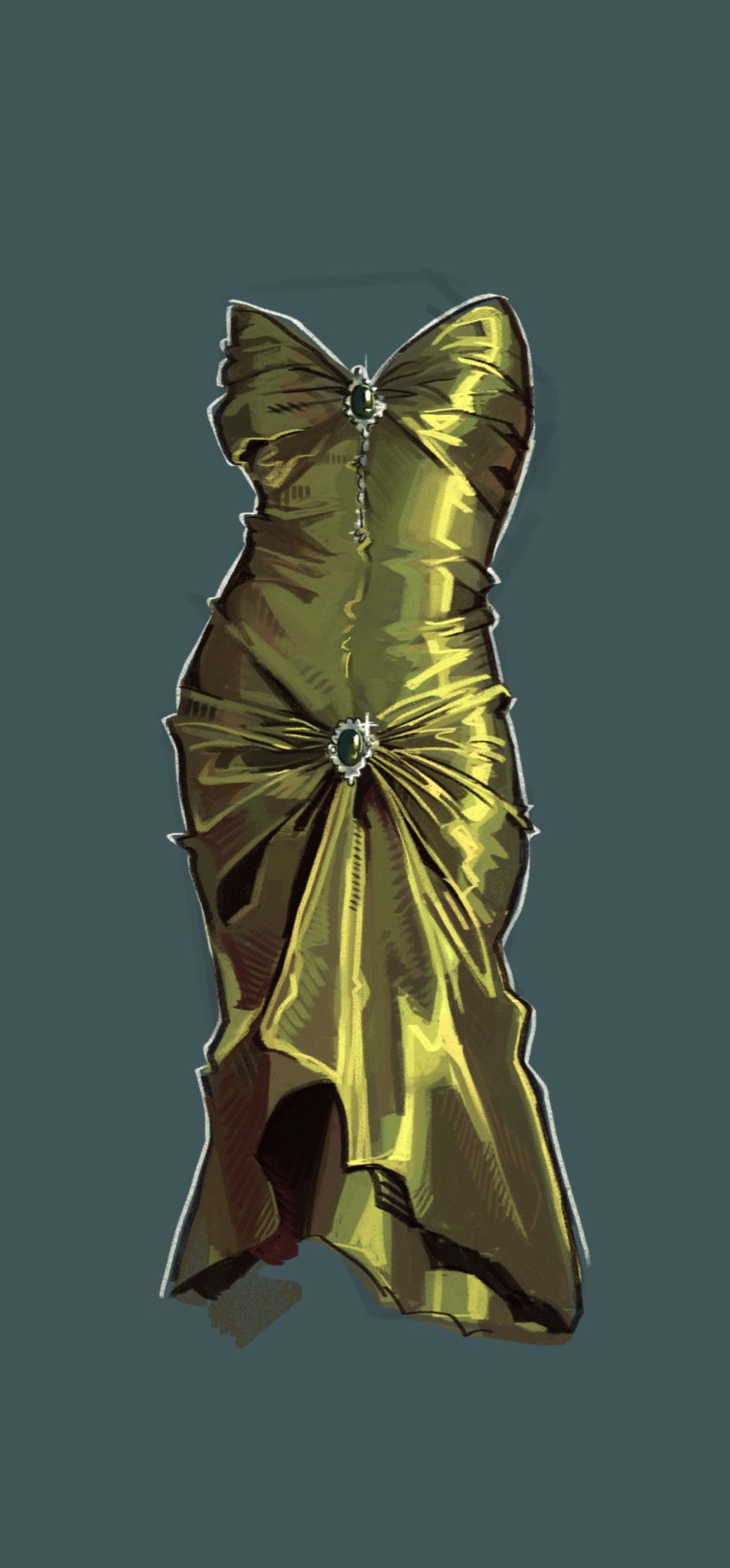 original, highres, art study, clothes focus, dress, gem, green dress, green gemstone, invisible, material study, no humans, shiny clothes, simple background, spideraari, strapless, strapless dress