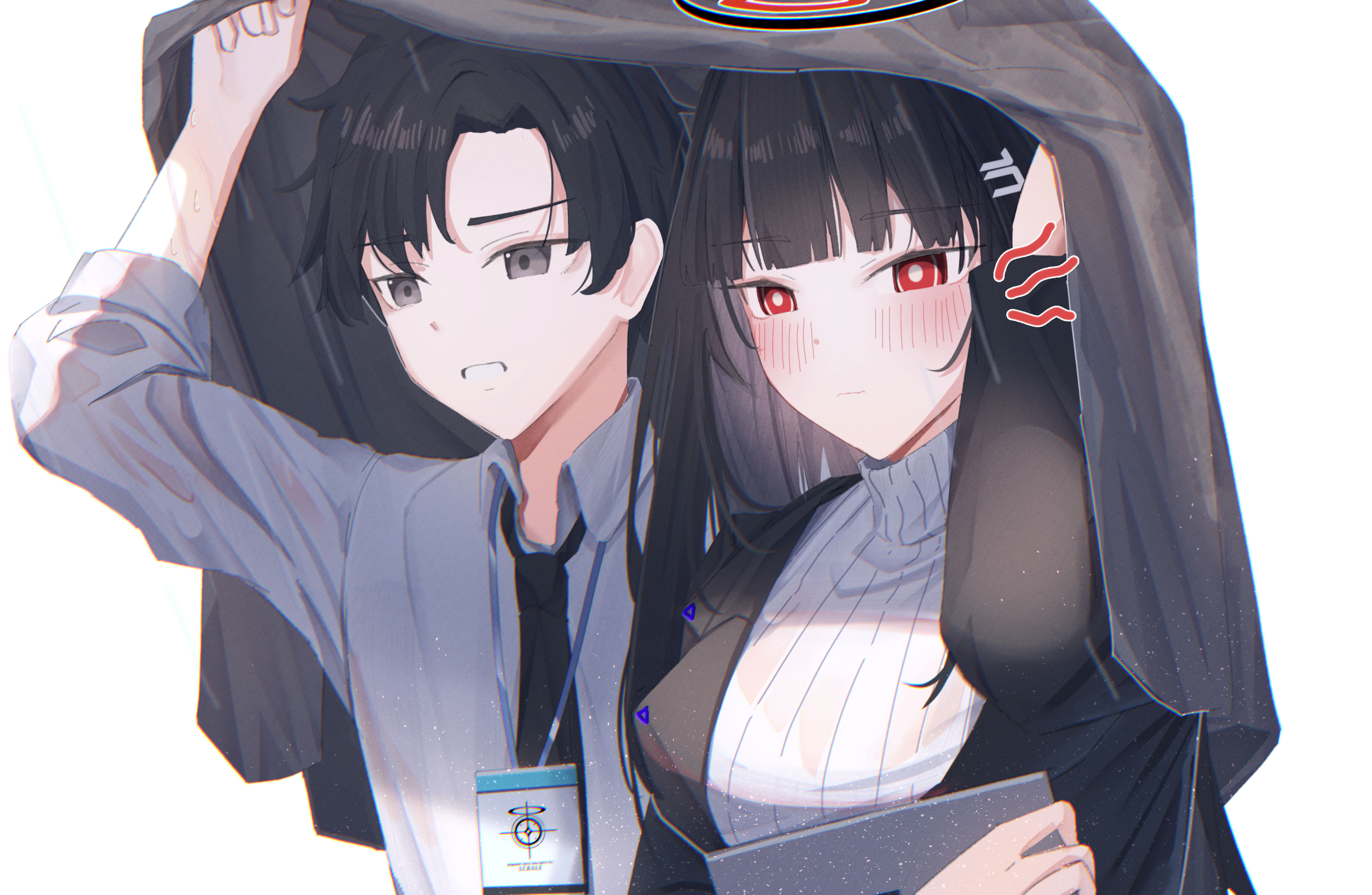 leonardo 566, rio (blue archive), sensei (blue archive), sensei (blue archive the animation), blue archive, absurdres, highres, 1boy, 1girl, black eyes, black hair, black halo, black jacket, black necktie, blunt bangs, blush, breasts, bright pupils, formal clothes, grey suit, hair ornament, hairclip, halo, jacket, large breasts, long hair, looking to the side, multicolored halo, name tag, necktie, open mouth, red eyes, red halo, shielding another from rain, shirt, short hair, suit, sweater, turtleneck, turtleneck sweater, two-tone halo, wavy mouth, white background, white pupils, white shirt, white sweater