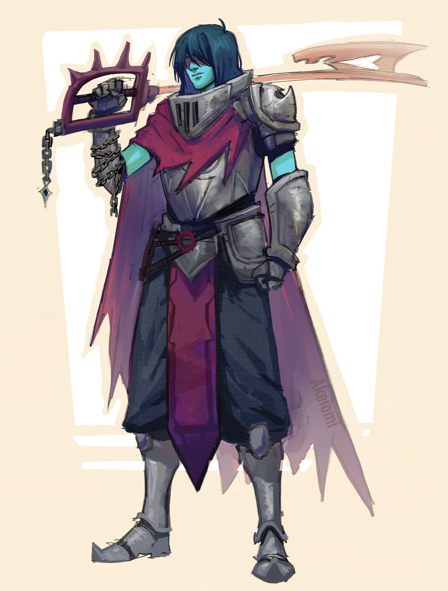 kris (dark world) (deltarune), kris (deltarune), deltarune, kingdom hearts, utdr (toby fox), highres, 1other, adapted costume, akeiomi, armor, blue skin, chain, closed mouth, colored skin, full body, keyblade, other focus, solo