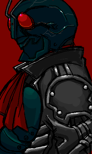 kamen rider, kamen rider the first, kamen rider the next, lowres, 1boy, ascot, male focus, oekaki, red background, scarf, simple background, solo, upper body