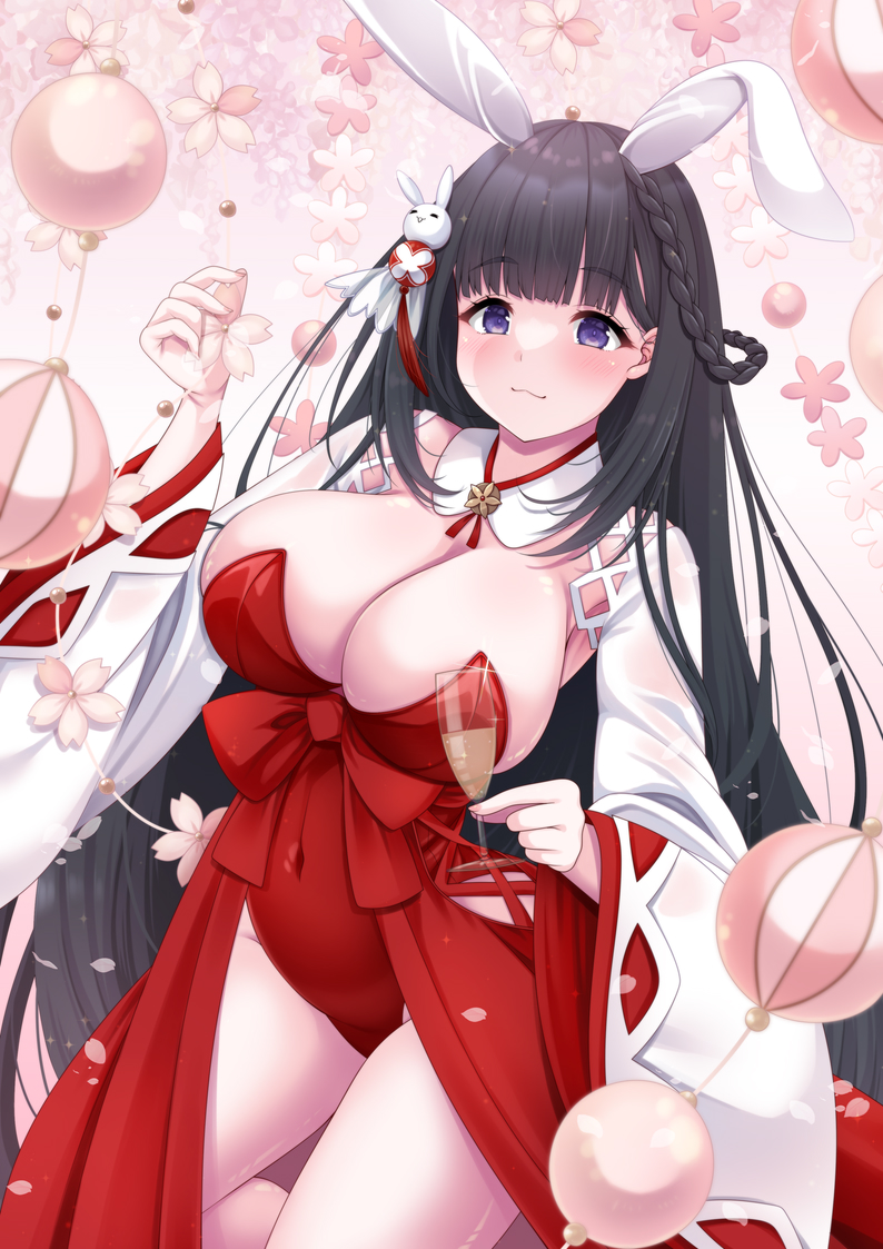 yumemiya subaru, daisen (azur lane), daisen (bunny priestess in prayer) (azur lane), azur lane, commentary request, 1girl, animal ears, black hair, breasts, champagne flute, covered navel, cowboy shot, cup, detached collar, drinking glass, fake animal ears, flower, hakama, hakama skirt, holding, holding cup, holding flower, huge breasts, japanese clothes, leotard, long hair, long sleeves, looking at viewer, official alternate costume, playboy bunny, purple eyes, rabbit ears, red hakama, red leotard, skirt, solo, undersized breast cup, very long hair, white flower, wide sleeves