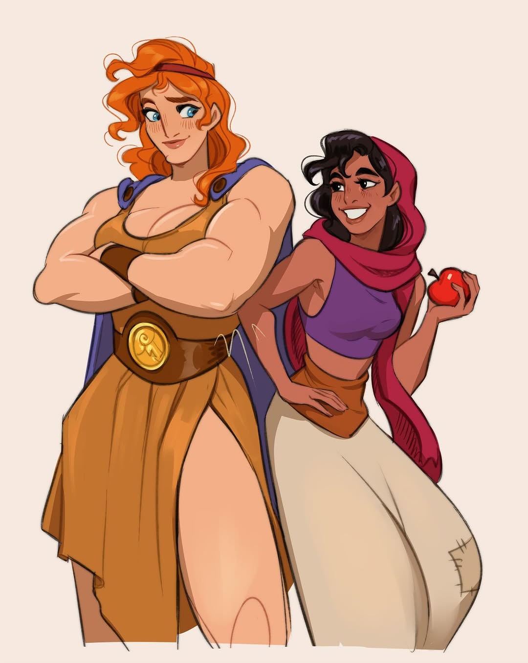 ripushko, aladdin (disney), aladdin (movie), hercules (1997 movie), hercules (disney), highres, 2boys, 2girls, baggy pants, black hair, blue eyes, crop top, crossed arms, dark-skinned female, dark skin, genderswap, genderswap (mtf), multiple boys, multiple girls, muscular, muscular female, orange hair, pants, purple shirt, shirt, simple background, sleeveless, sleeveless shirt, white background, white pants