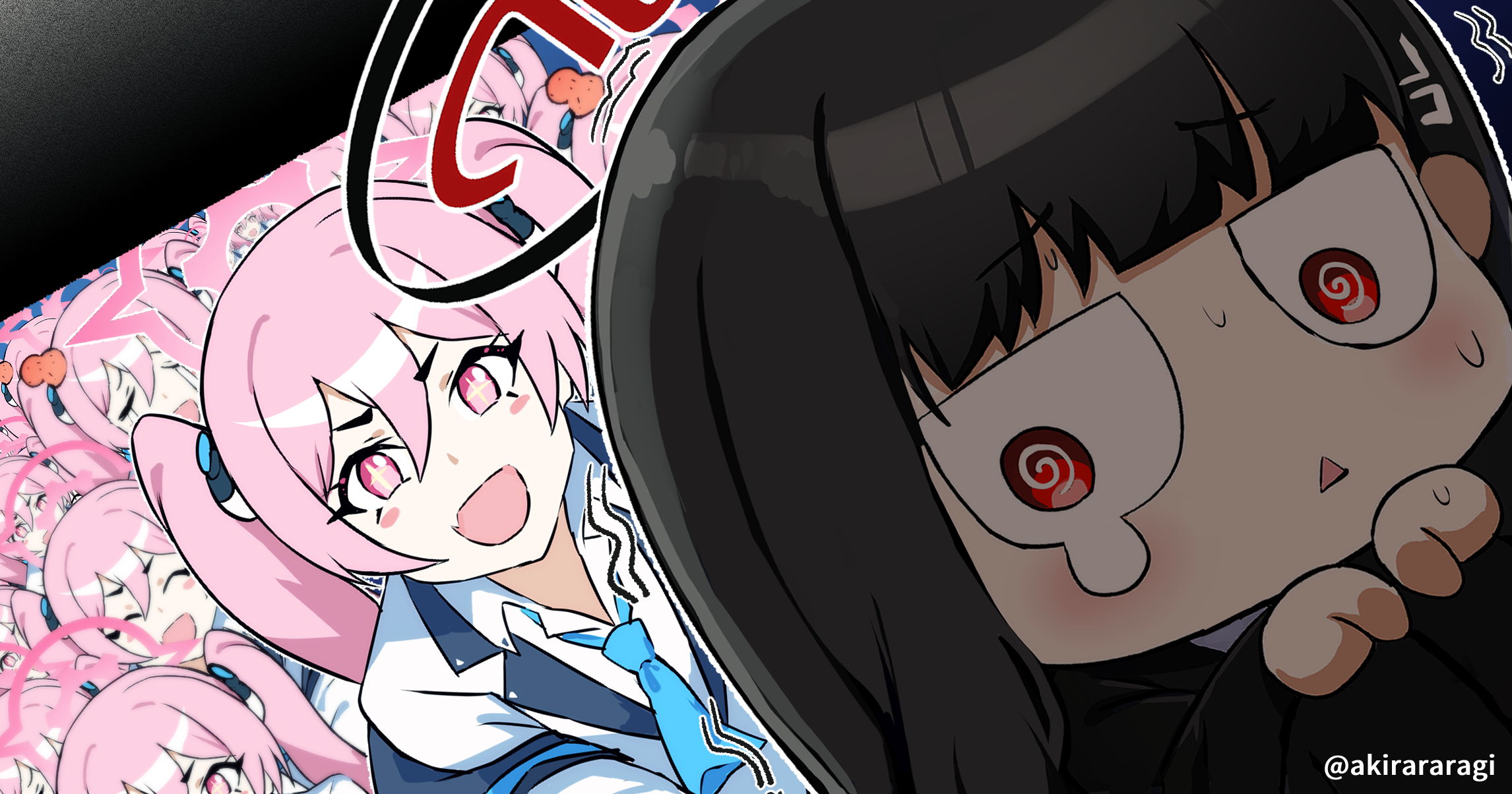 a-kiraa (whisper), koyuki (blue archive), rio (blue archive), blue archive, neon genesis evangelion, commentary request, highres, 6+girls, @ @, ^ ^, aqua necktie, black hair, black halo, black suit, blue archive 2025 hack, chibi, closed eyes, collared shirt, crying, crying with eyes open, formal clothes, hair between eyes, hair ornament, halo, jacket, jacket partially removed, looking at another, multiple girls, multiple head bumps, necktie, open mouth, pink eyes, pink hair, pink halo, red eyes, shirt, smile, star-shaped pupils, star (symbol), suit, sweat, symbol-shaped pupils, tears, tears from one eye, too many, trembling, triangle mouth, twintails, twitter username, under table, white jacket, white shirt, white suit