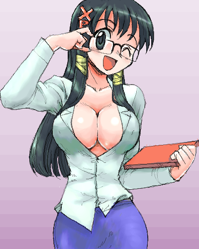 xp-tan, os-tan, bad id, bad pixiv id, lowres, breasts, cleavage, glasses, large breasts, oekaki, solo