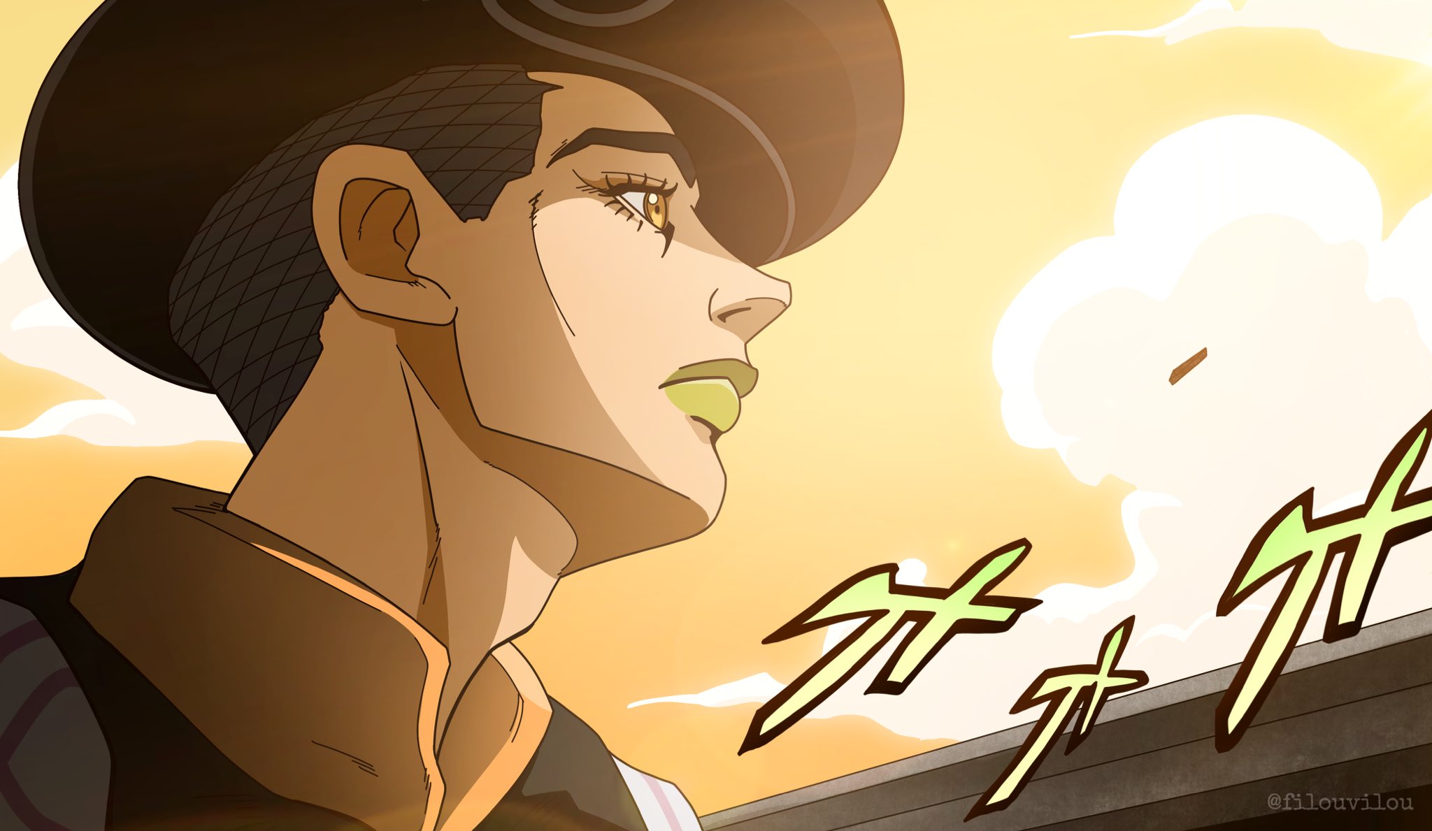 tooru (jojolion), jojo no kimyou na bouken, jojolion, commentary, english commentary, highres, 1boy, afro, araki hirohiko (style), black hair, brown eyes, cloud, filouvilou, green lips, high collar, male focus, menacing (jojo), official style, outdoors, profile, sky, solo, undercut, yellow sky