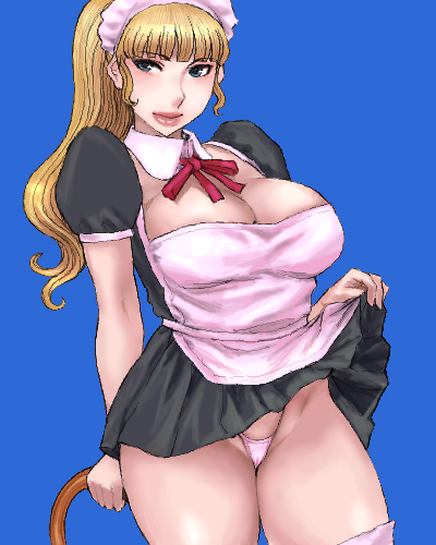 matoyama, lowres, 1girl, blonde hair, blue background, blue eyes, breasts, cleavage, clothes lift, curvy, female focus, large breasts, lips, long hair, maid, oekaki, panties, skirt, skirt lift, solo, thong, underwear