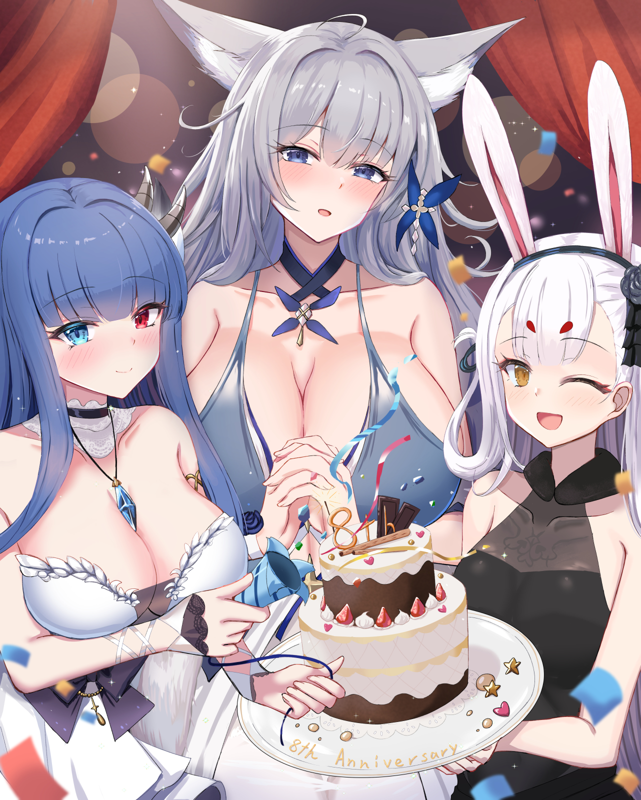 habu rin, ibuki (azur lane), ibuki (snow on the wind) (azur lane), shimakaze (azur lane), shinano (azur lane), shinano (dreams of the hazy moon) (azur lane), azur lane, gold armlet, commentary request, highres, 3girls, ;d, alternate costume, animal ear fluff, animal ears, anniversary, bare shoulders, black dress, black flower, blue butterfly, blue collar, blue dress, blue eyes, blue gemstone, blue hair, blue string, blush, breasts, bug, butterfly, butterfly hair ornament, cake, choker, cleavage, collar, collarbone, dress, evening gown, flower, food, fox ears, fox girl, gem, grey hair, hair flower, hair ornament, halter dress, halterneck, heterochromia, holding, holding cake, holding food, horns, huge breasts, insect, kitsune, lace, lace choker, large breasts, layer cake, long hair, looking at viewer, medium breasts, multiple girls, multiple horns, official alternate costume, one eye closed, open mouth, party popper, rabbit ears, red eyes, sleeveless, sleeveless dress, smile, strapless, strapless dress, very long hair, white collar, white dress, white hair, wrist flower, yellow eyes