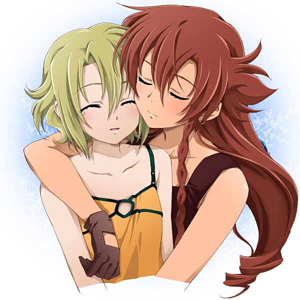 saipaco, ellis, ellis (el cazador de la bruja), nadie, el cazador de la bruja, 00s, 2girls, asymmetrical hair, bare shoulders, blonde hair, blush, closed eyes, gloves, hair between eyes, hug, long hair, multiple girls, red hair, short hair, yuri