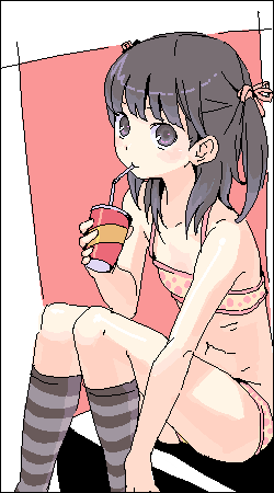 kishida mel, lowres, 1girl, female focus, flat chest, oekaki, panties, polka dot, polka dot panties, socks, solo, striped clothes, striped socks, striped thighhighs, thighhighs, twintails, underwear