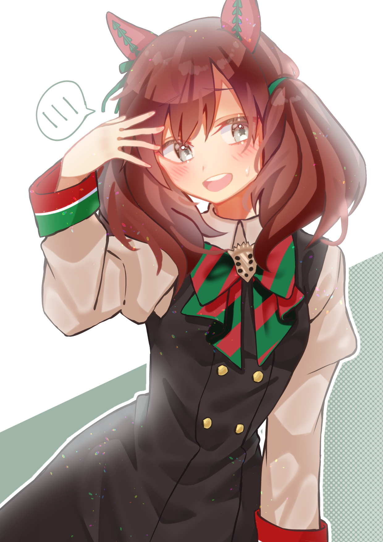 m (pixiv 98360957), nice nature (umamusume), umamusume, commentary, highres, 1girl, animal ears, arm up, bow, brown hair, green background, grey eyes, horse ears, horse girl, juliet sleeves, long hair, long sleeves, looking at viewer, open mouth, puffy sleeves, simple background, smile, solo, spoken blush, striped bow, sweatdrop, twintails, two-tone background, white background