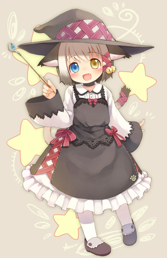 kito (sorahate), original, 1girl, :d, animal ears, blue eyes, cat ears, cat tail, fang, female focus, hat, heterochromia, open mouth, smile, solo, tail, witch hat, yellow eyes
