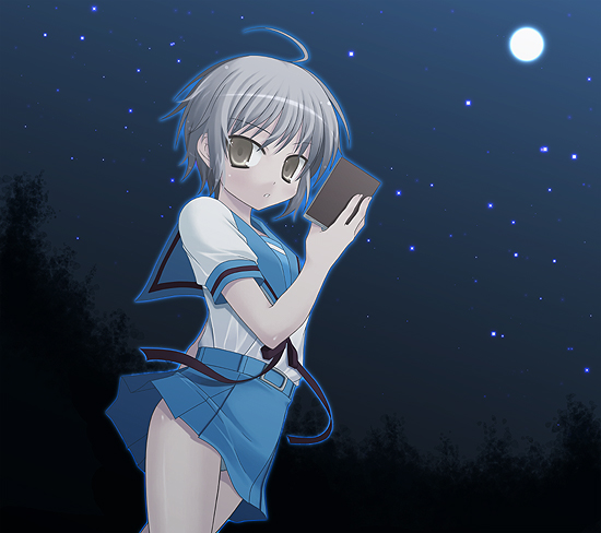 amamiya minato, nagato yuki, suzumiya haruhi no yuuutsu, 00s, book, moon, night, night sky, sky, solo