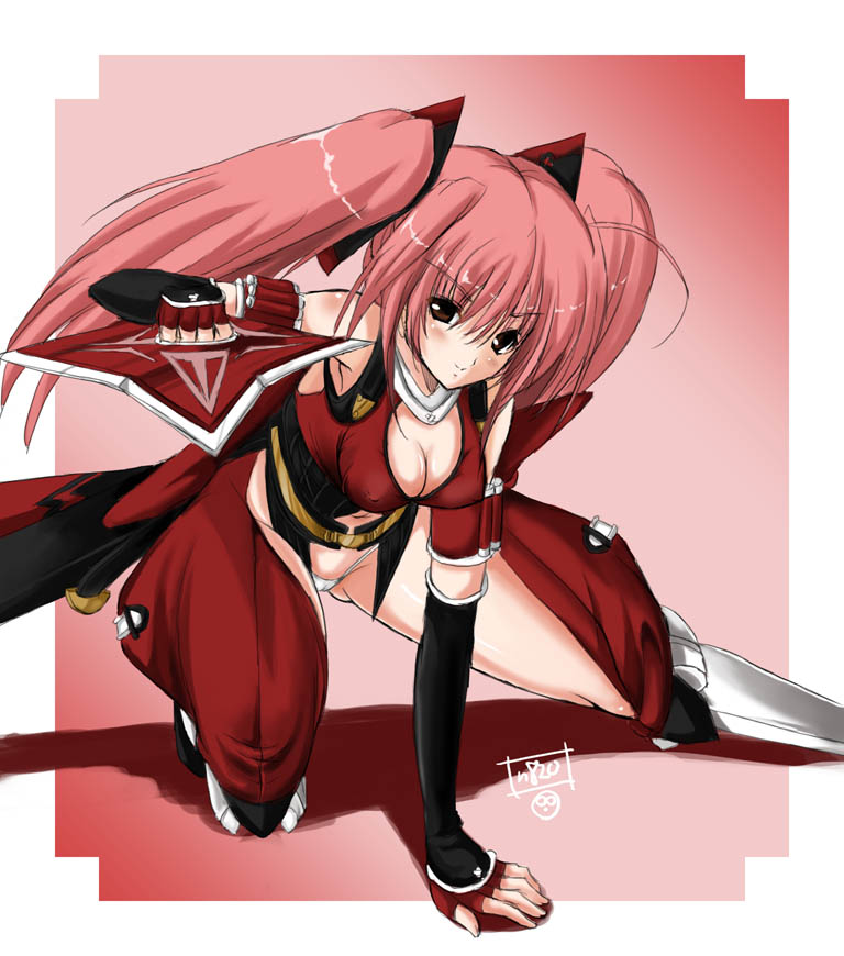 n820, shihoudou narika, choukou (alicesoft), choukou sennin haruka, 00s, 1girl, blush, breasts, elbow gloves, female focus, gloves, long hair, looking at viewer, lowleg, lowleg panties, naughty face, ninja, panties, pink hair, red eyes, shuriken, smile, solo, twintails, underwear, weapon, white panties
