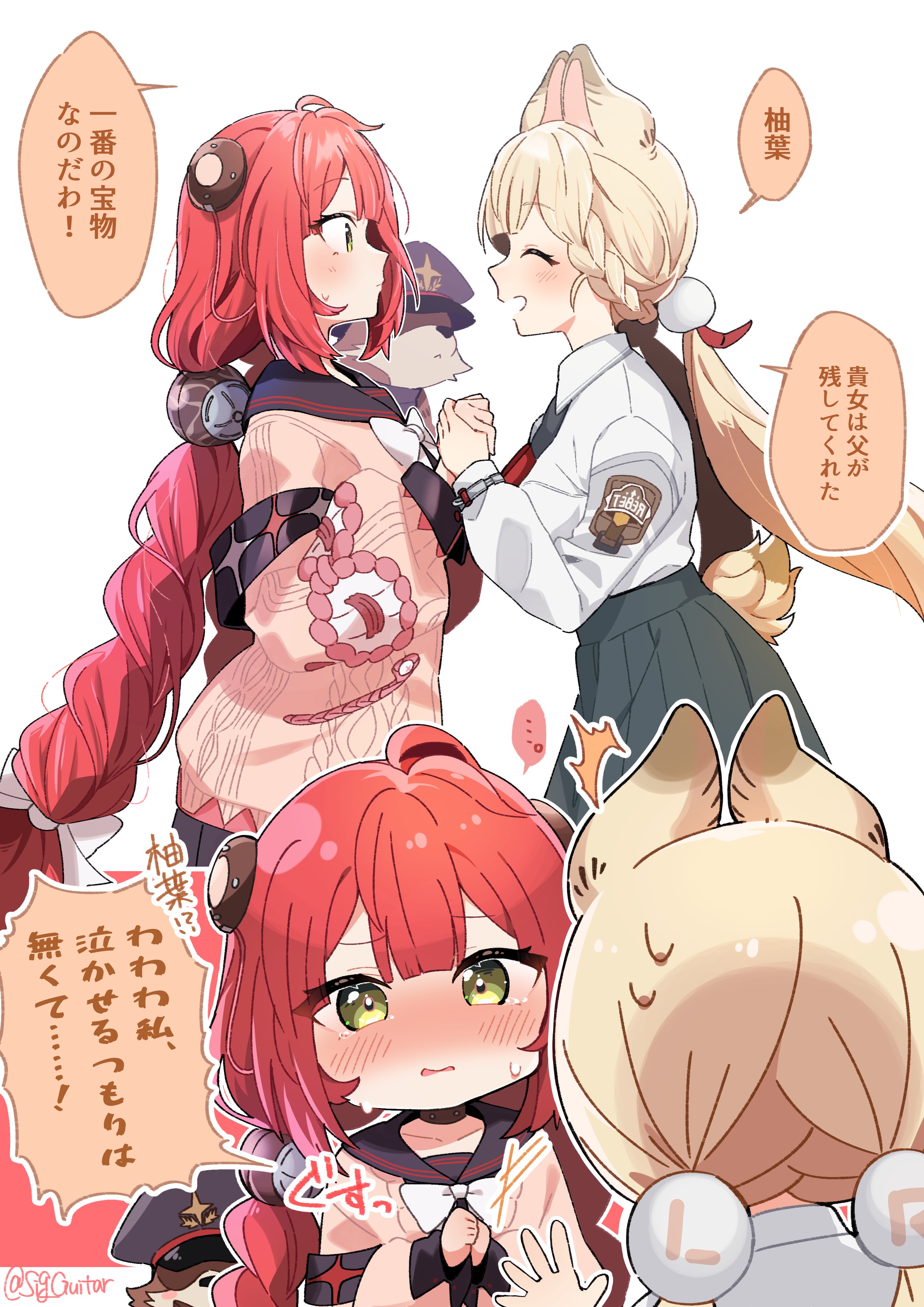 shigure (sigre), alice thymefield, kamanosuke (zenless zone zero), ukinami yuzuha, zenless zone zero, braided twintails, absurdres, highres, 2girls, animal ears, animal on back, blonde hair, blush, braid, cardigan, chest bow, closed eyes, green eyes, hair ornament, hearing aid, heterochromia, long hair, low twin braids, low twintails, multiple girls, open mouth, pink cardigan, pom pom (clothes), pom pom hair ornament, rabbit ears, rabbit girl, raccoon, red hair, speech bubble, sphere hair ornament, sweatdrop, tanuki, twin braids, twintails, white background